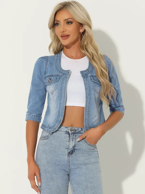 Collarless Pockets 3/4 Sleeve Feminine Style Denim Jacket sold by Allegra K