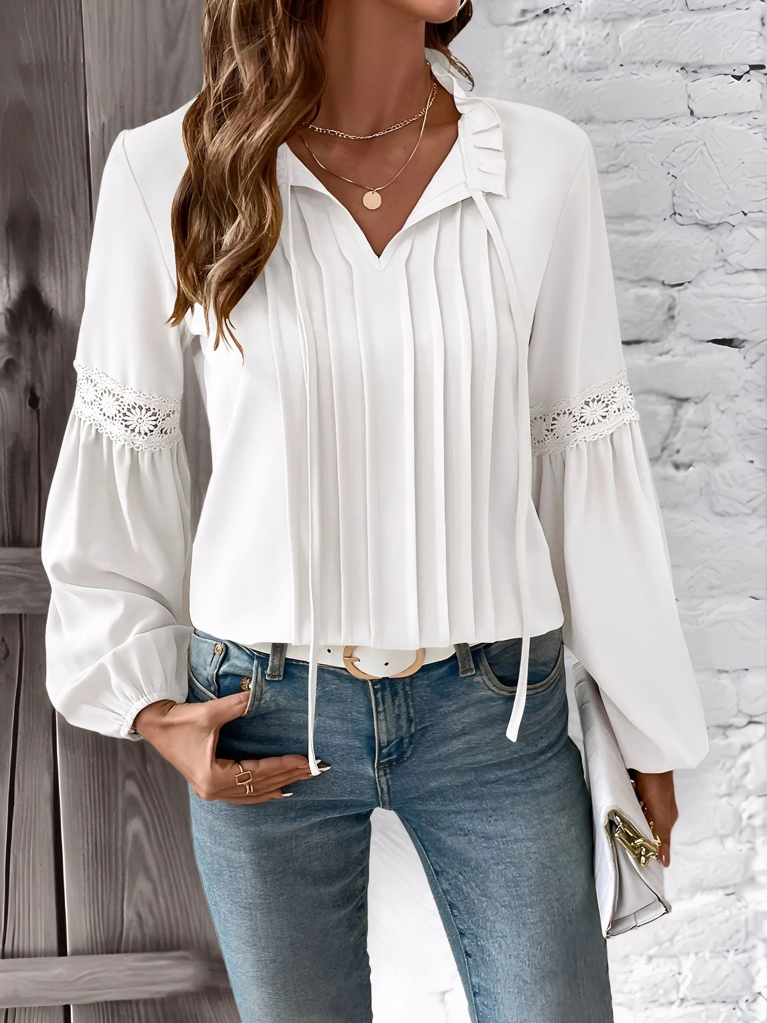 Ruffled Lace-Up Pleated Puff Sleeves Blouse sold by Allegra K