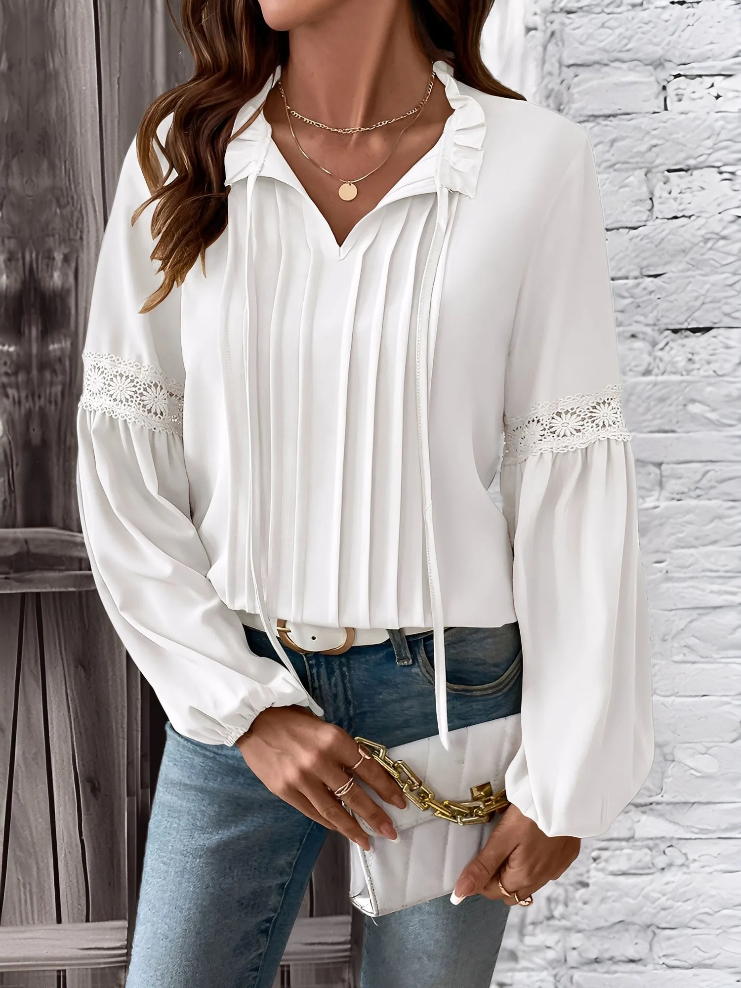 Ruffled Lace-Up Pleated Puff Sleeves Blouse sold by Allegra K product image thumbnail 5