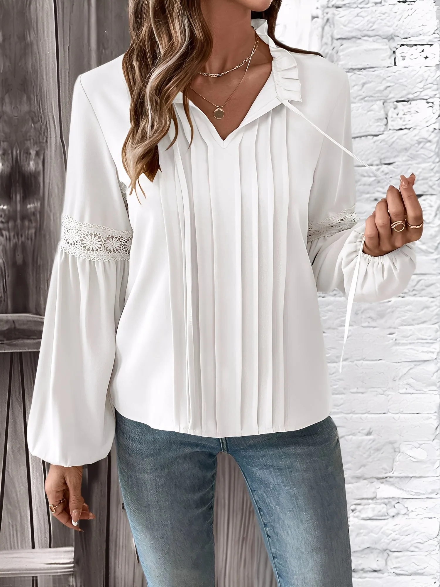 Ruffled Lace-Up Pleated Puff Sleeves Blouse sold by Allegra K product image thumbnail 3