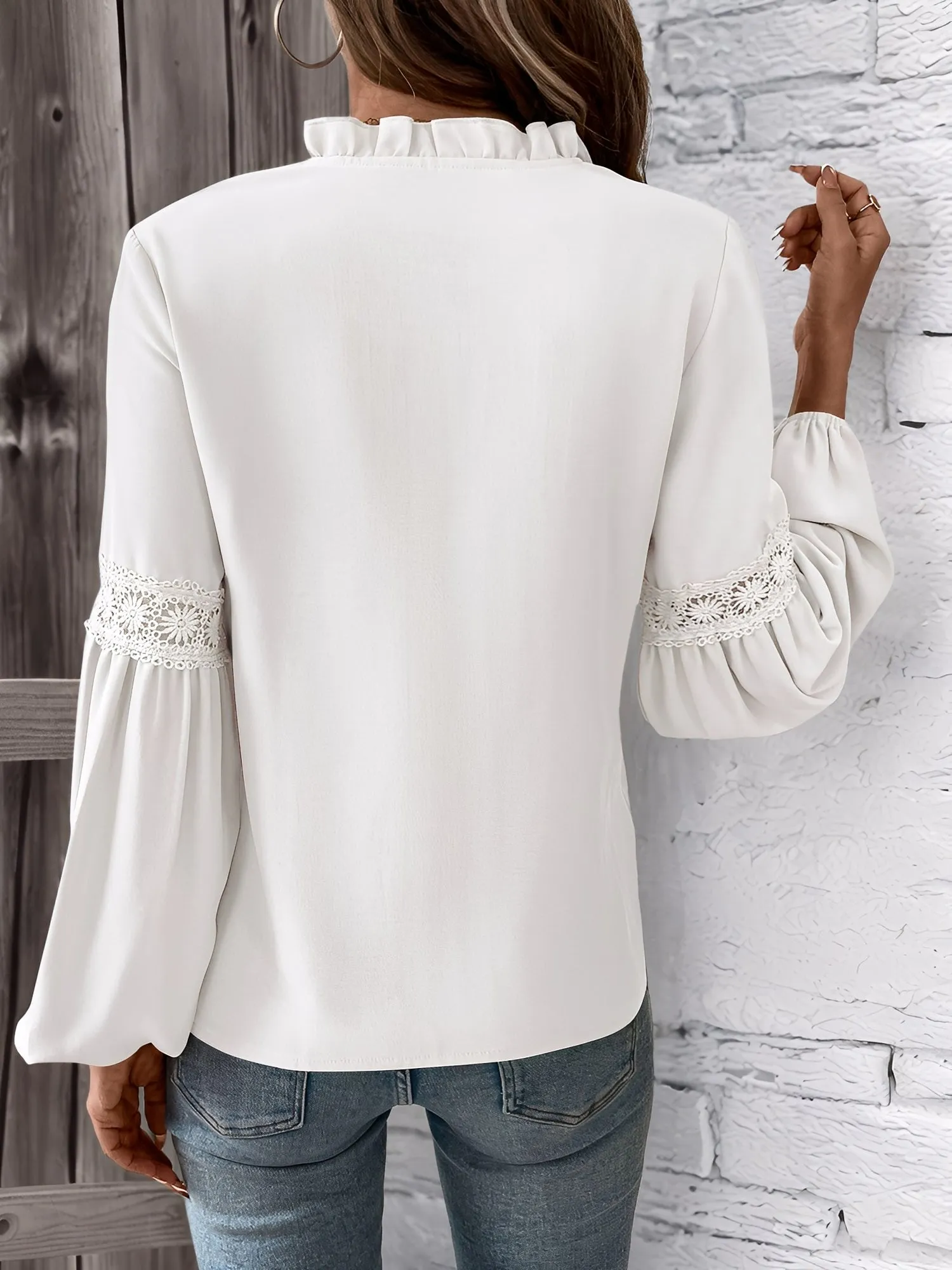Ruffled Lace-Up Pleated Puff Sleeves Blouse sold by Allegra K product image thumbnail 2
