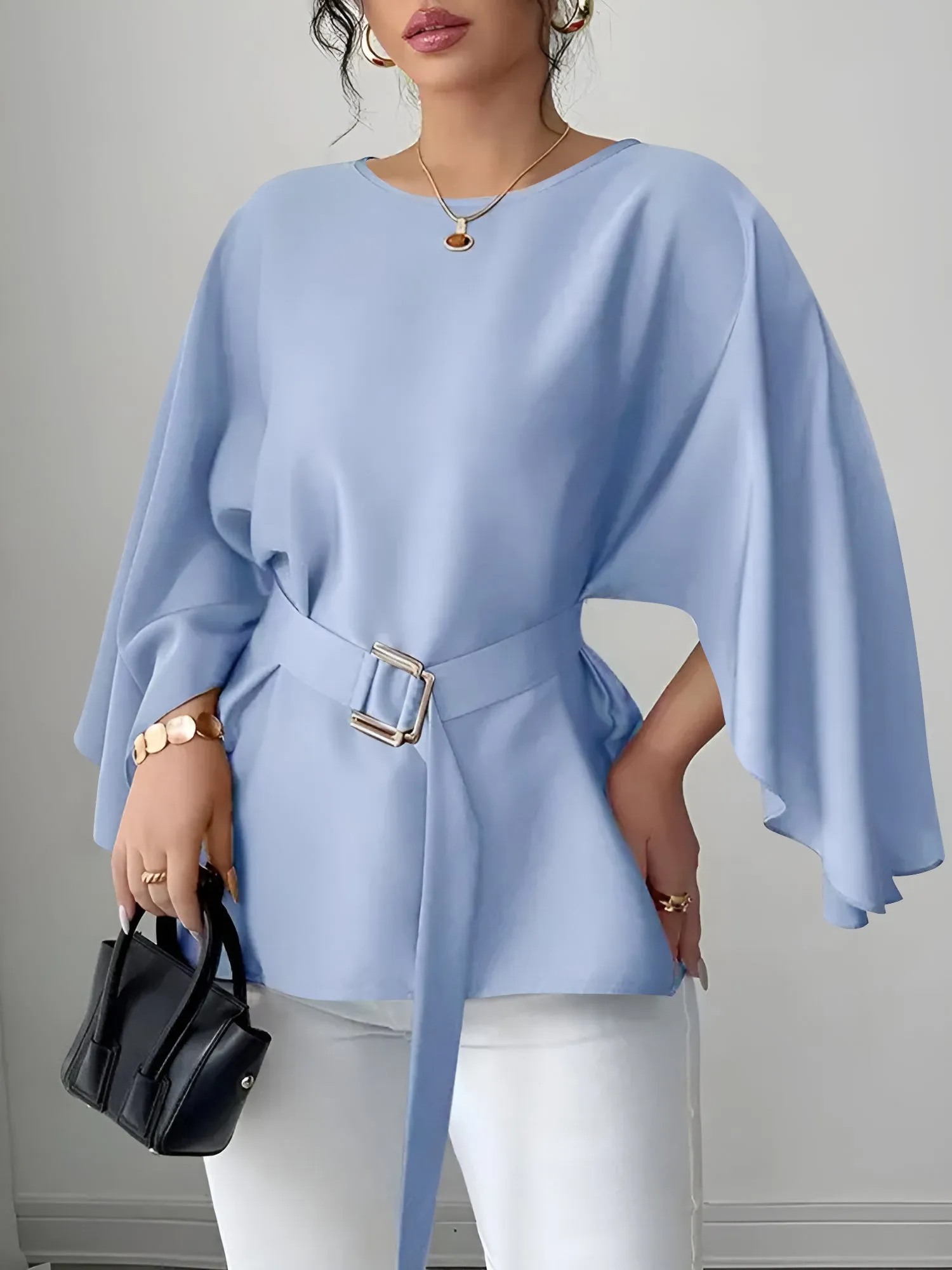 Solid Color Boat Neck Bat Sleeves Belted Blouse sold by Allegra K product image thumbnail 4