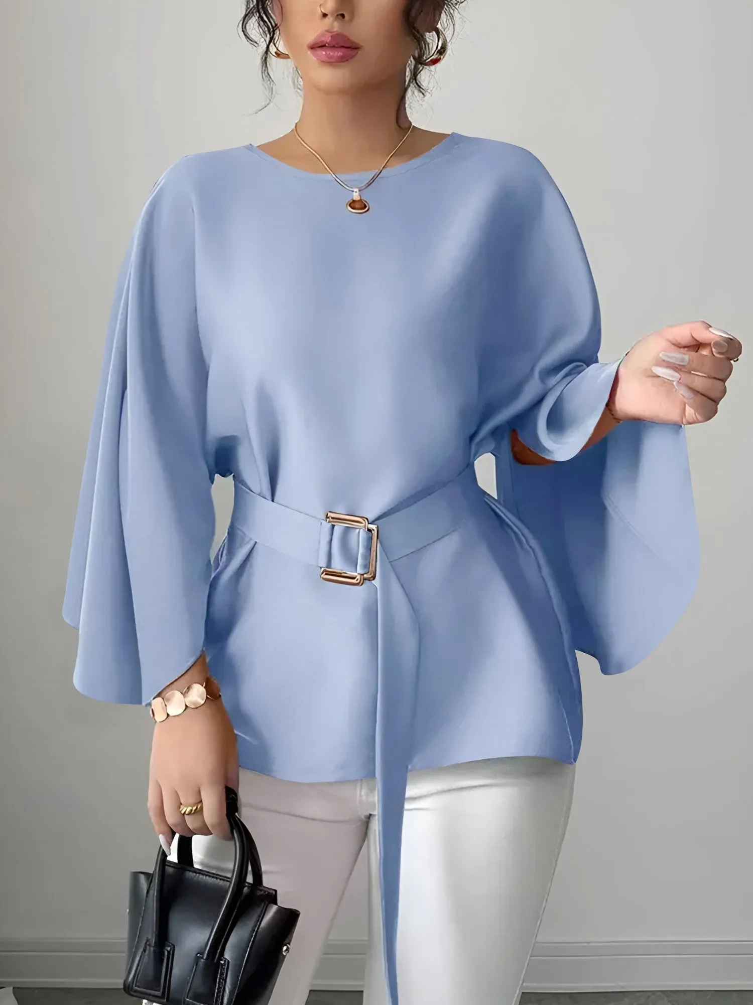 Solid Color Boat Neck Bat Sleeves Belted Blouse sold by Allegra K product image thumbnail 2