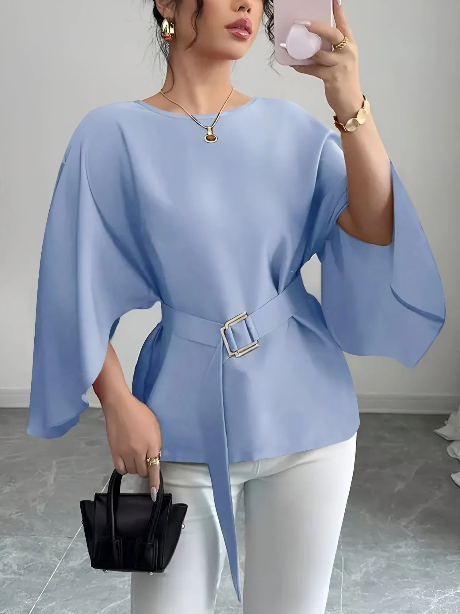 Solid Color Boat Neck Bat Sleeves Belted Blouse sold by Allegra K product image thumbnail 3