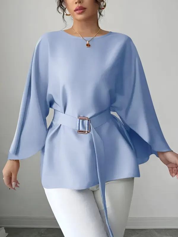 Solid Color Boat Neck Bat Sleeves Belted Blouse sold by Allegra K