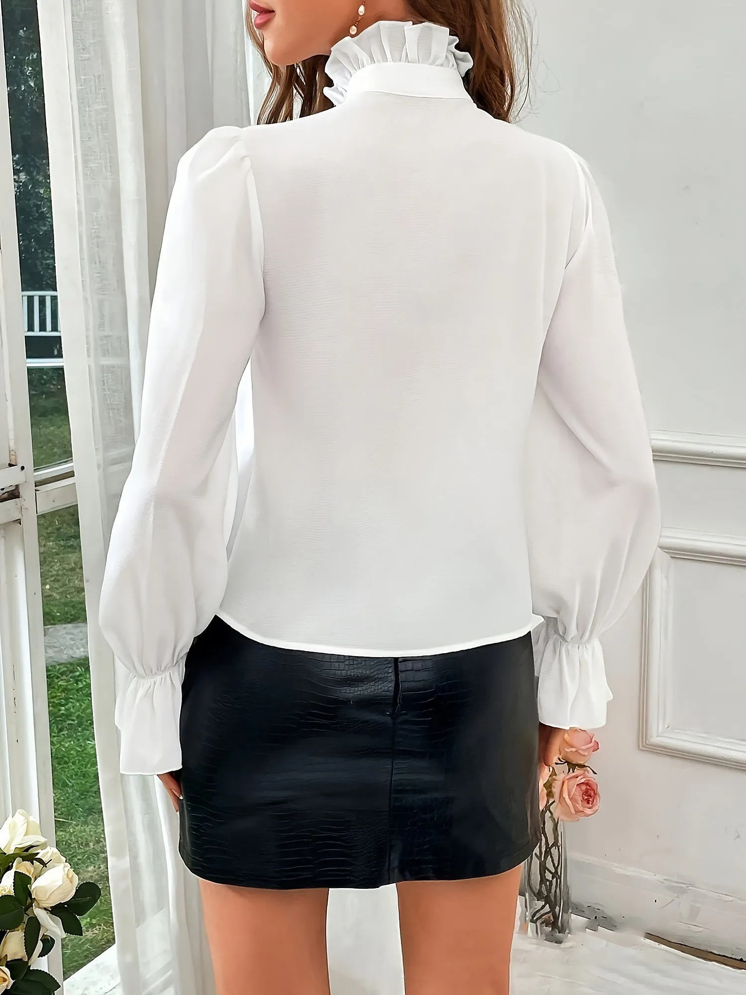 Solid Color Ruffled Neck Puff Sleeves Blouse sold by Allegra K product image thumbnail 2