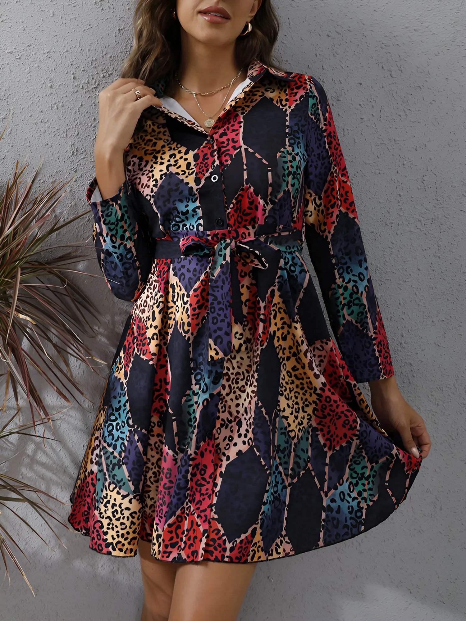 Graphic Collared Long Sleeves Lace-Up Shirt Dress sold by Allegra K product image thumbnail 5