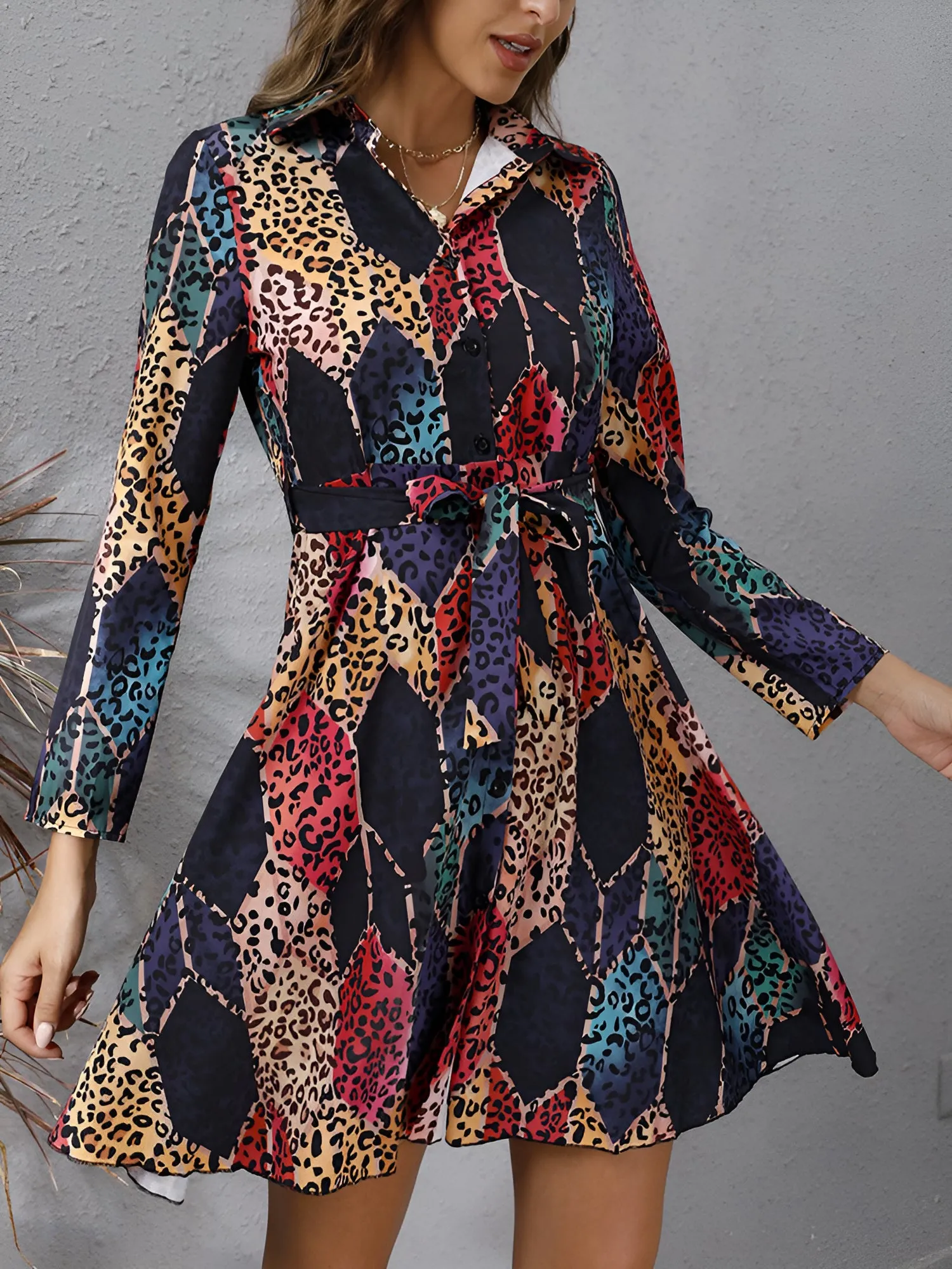 Graphic Collared Long Sleeves Lace-Up Shirt Dress sold by Allegra K product image thumbnail 4