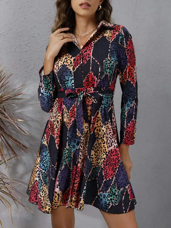 Graphic Collared Long Sleeves Lace-Up Shirt Dress sold by Allegra K