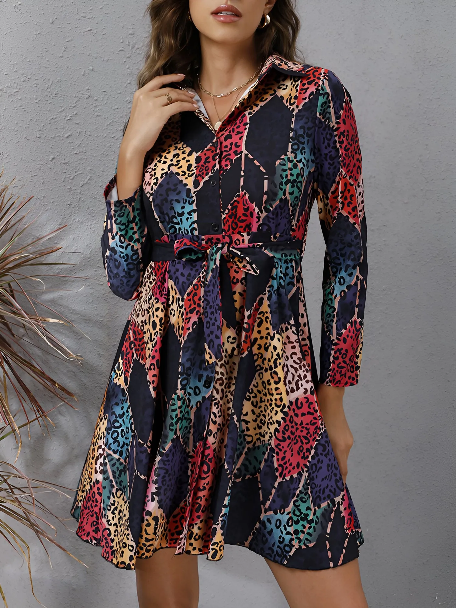 Graphic Collared Long Sleeves Lace-Up Shirt Dress sold by Allegra K