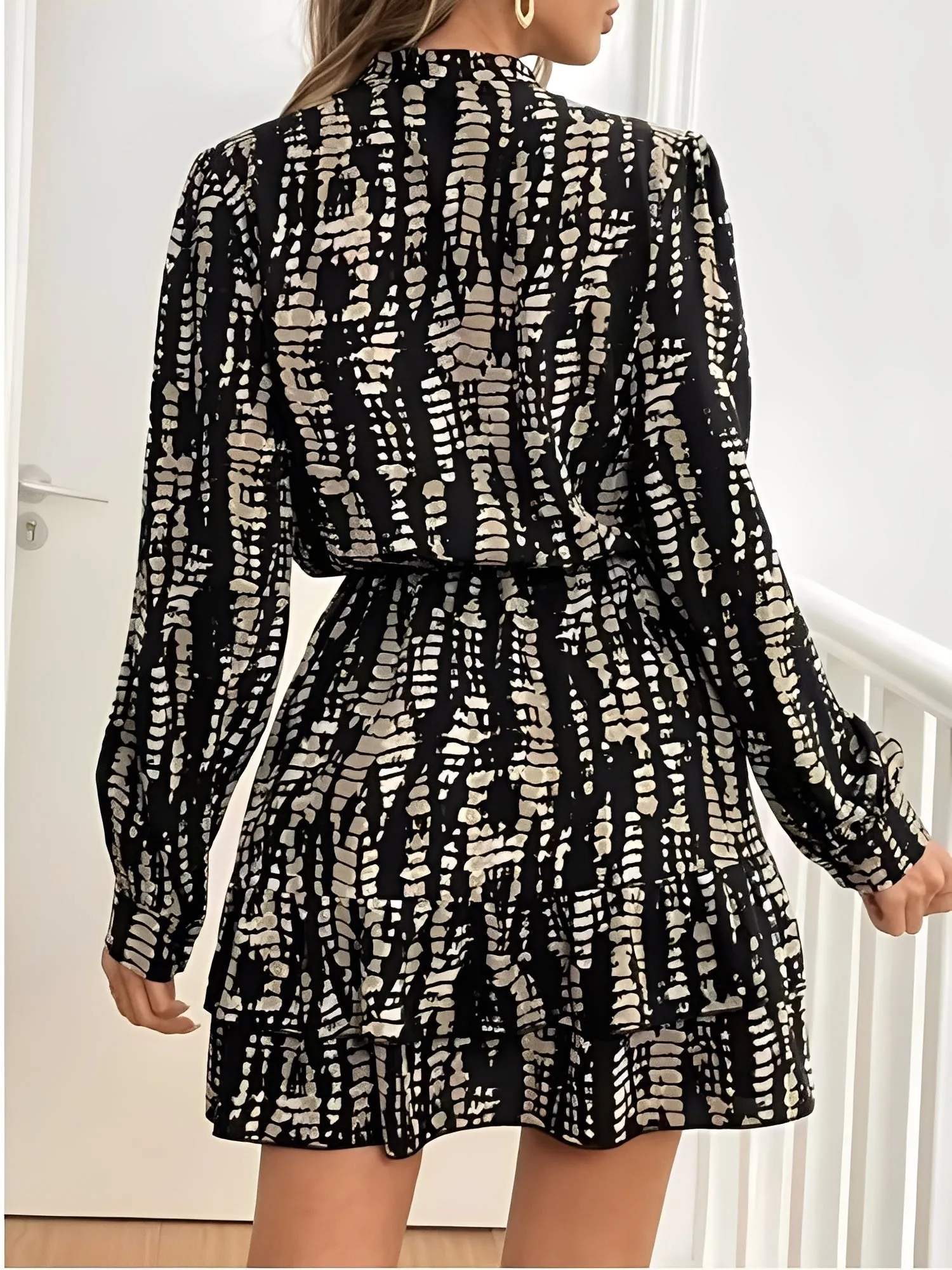 Graphic V Neck Long Sleeves Ruffled Layered Mini Dress sold by Allegra K product image thumbnail 2