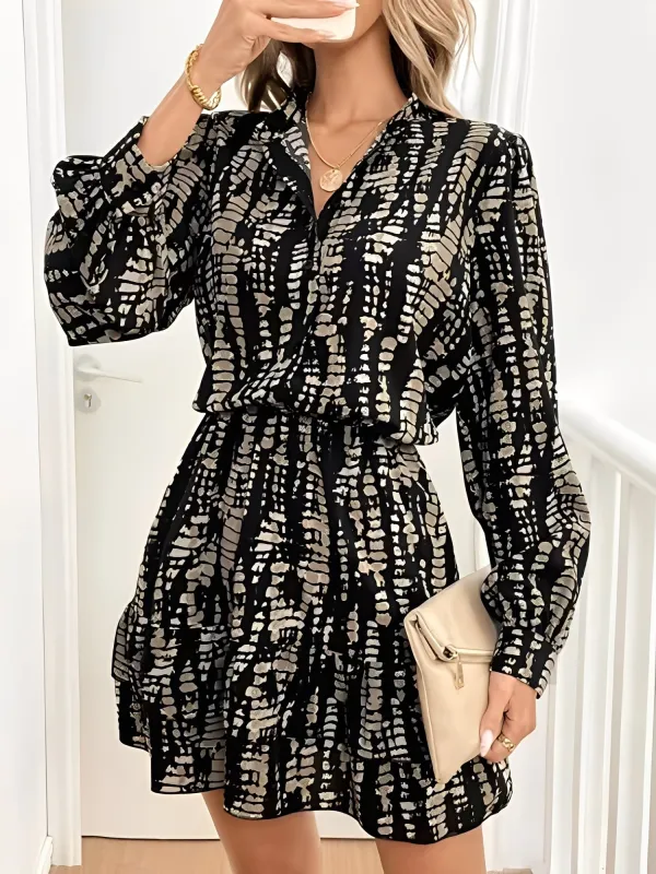 Graphic V Neck Long Sleeves Ruffled Layered Mini Dress sold by Allegra K