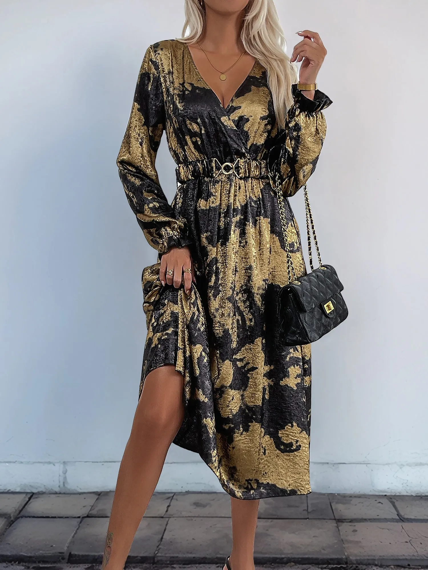 V Neck Metallic Colorblock Midi A-Line Dress sold by Allegra K