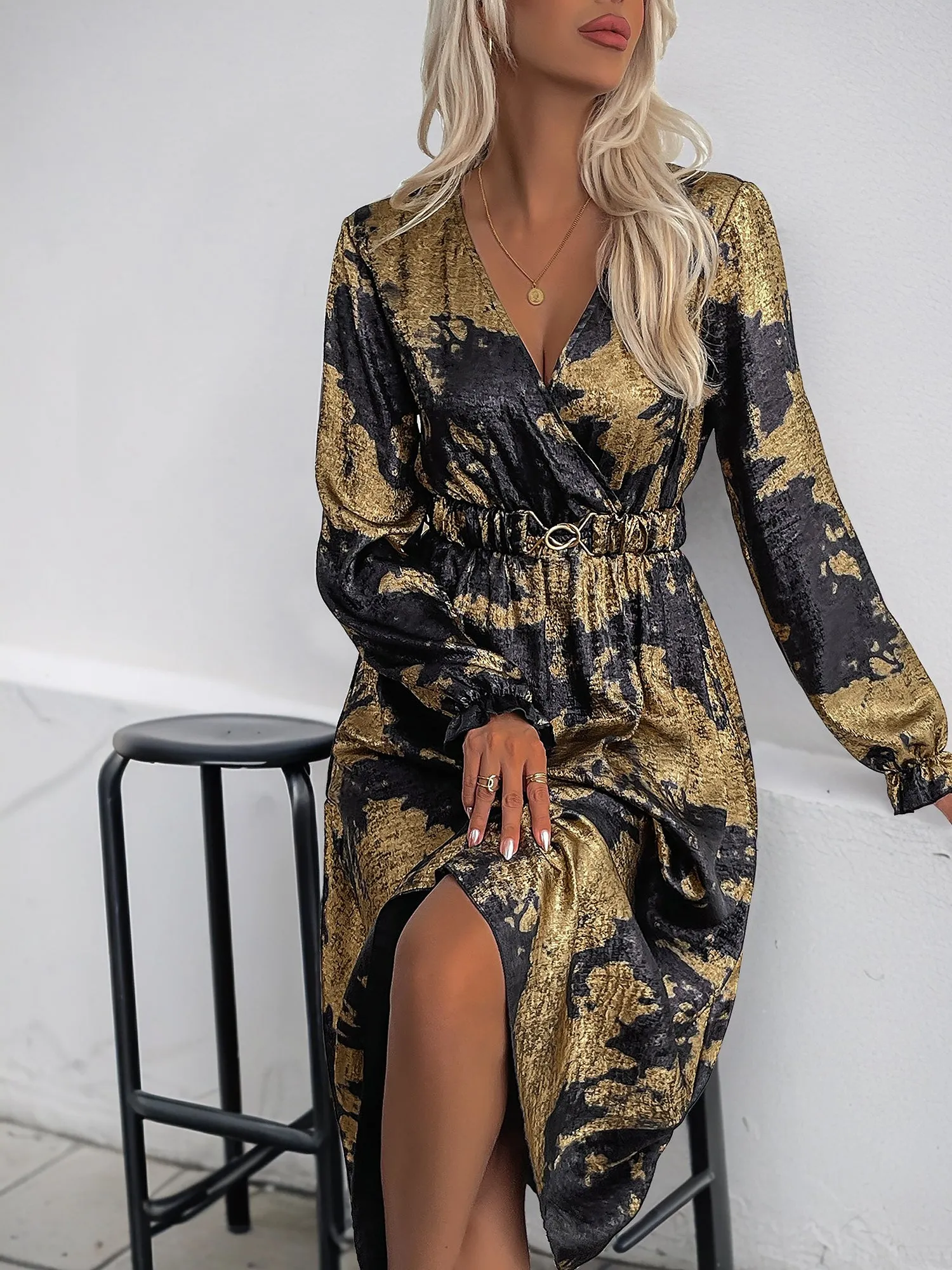 V Neck Metallic Colorblock Midi A-Line Dress sold by Allegra K product image thumbnail 5