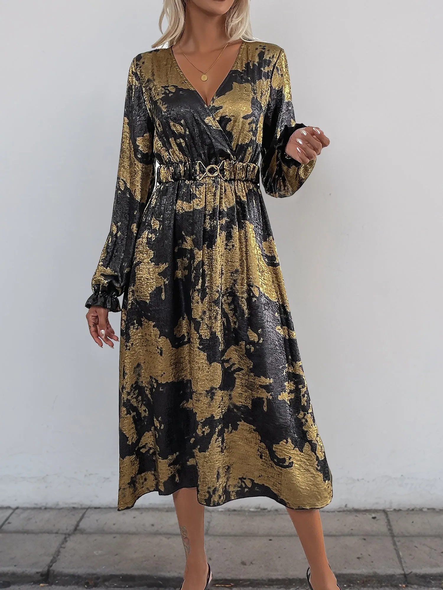V Neck Metallic Colorblock Midi A-Line Dress sold by Allegra K product image thumbnail 4