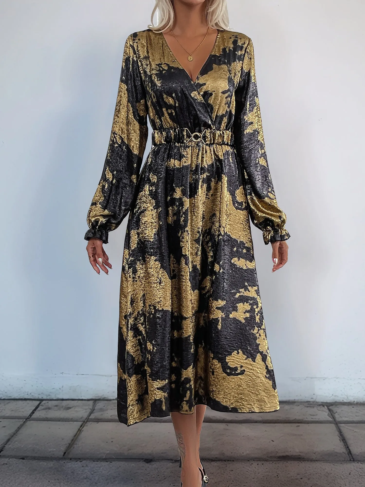 V Neck Metallic Colorblock Midi A-Line Dress sold by Allegra K product image thumbnail 3