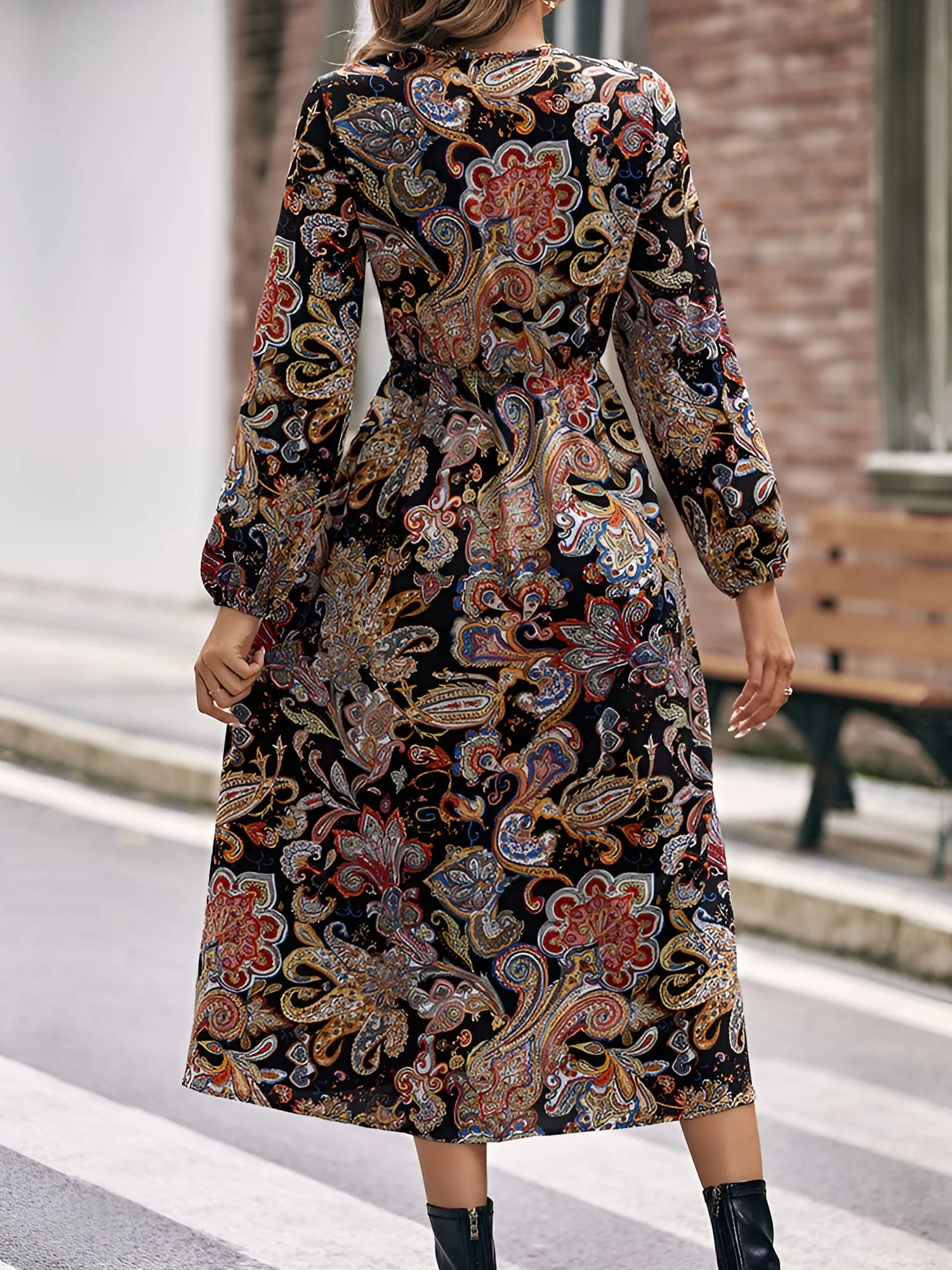 Boho Paisley Printed V Neck Long Sleeves Slit Dress sold by Allegra K product image thumbnail 2