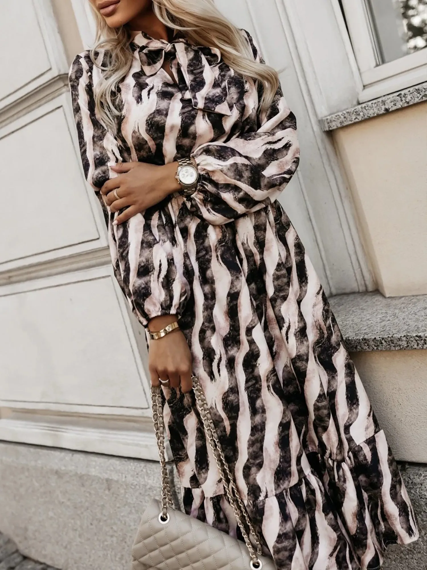 Bow Tie Neck Printed Puff Long Sleeves A-Line Dress sold by Allegra K product image thumbnail 4