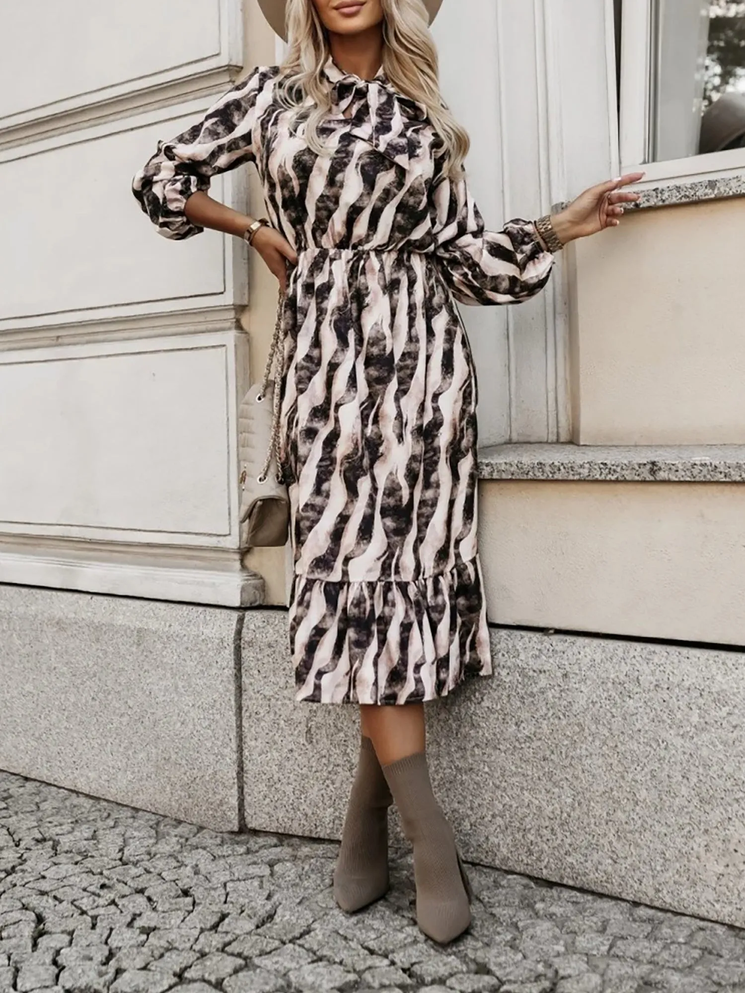 Bow Tie Neck Printed Puff Long Sleeves A-Line Dress sold by Allegra K