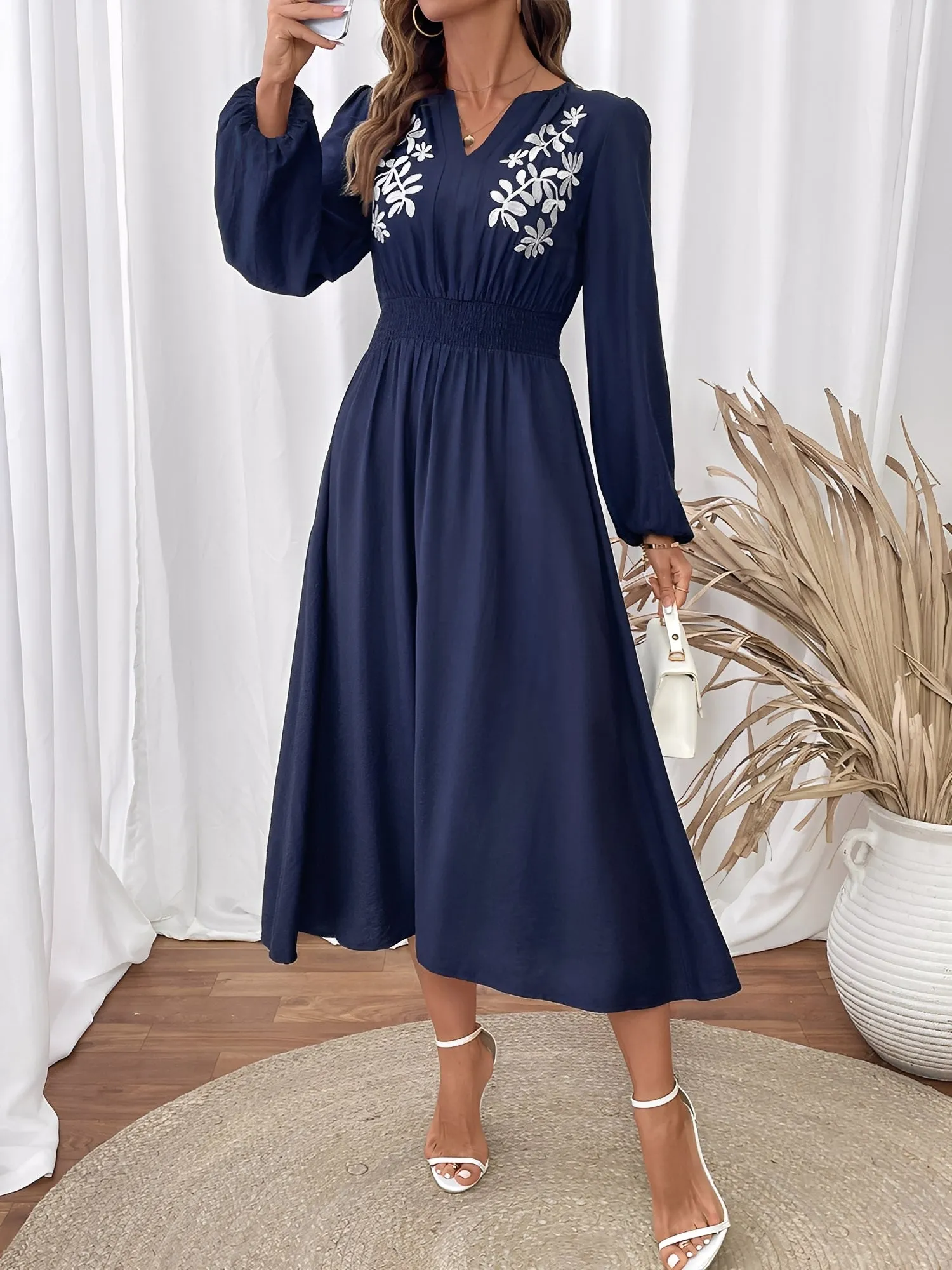 Floral Embroidered Puff Sleeves Smocked A-Line Dress sold by Allegra K product image thumbnail 4