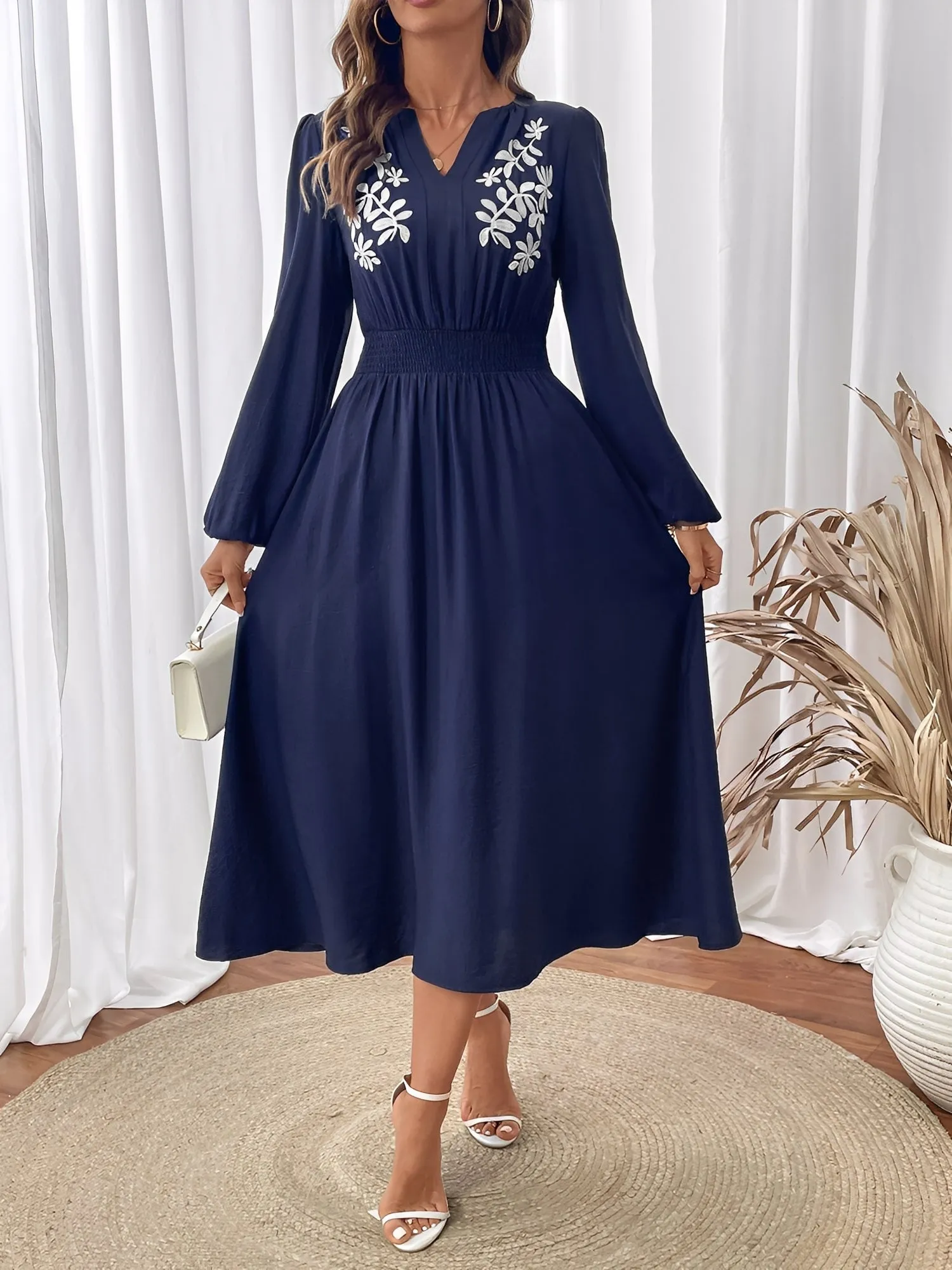 Floral Embroidered Puff Sleeves Smocked A-Line Dress sold by Allegra K product image thumbnail 3