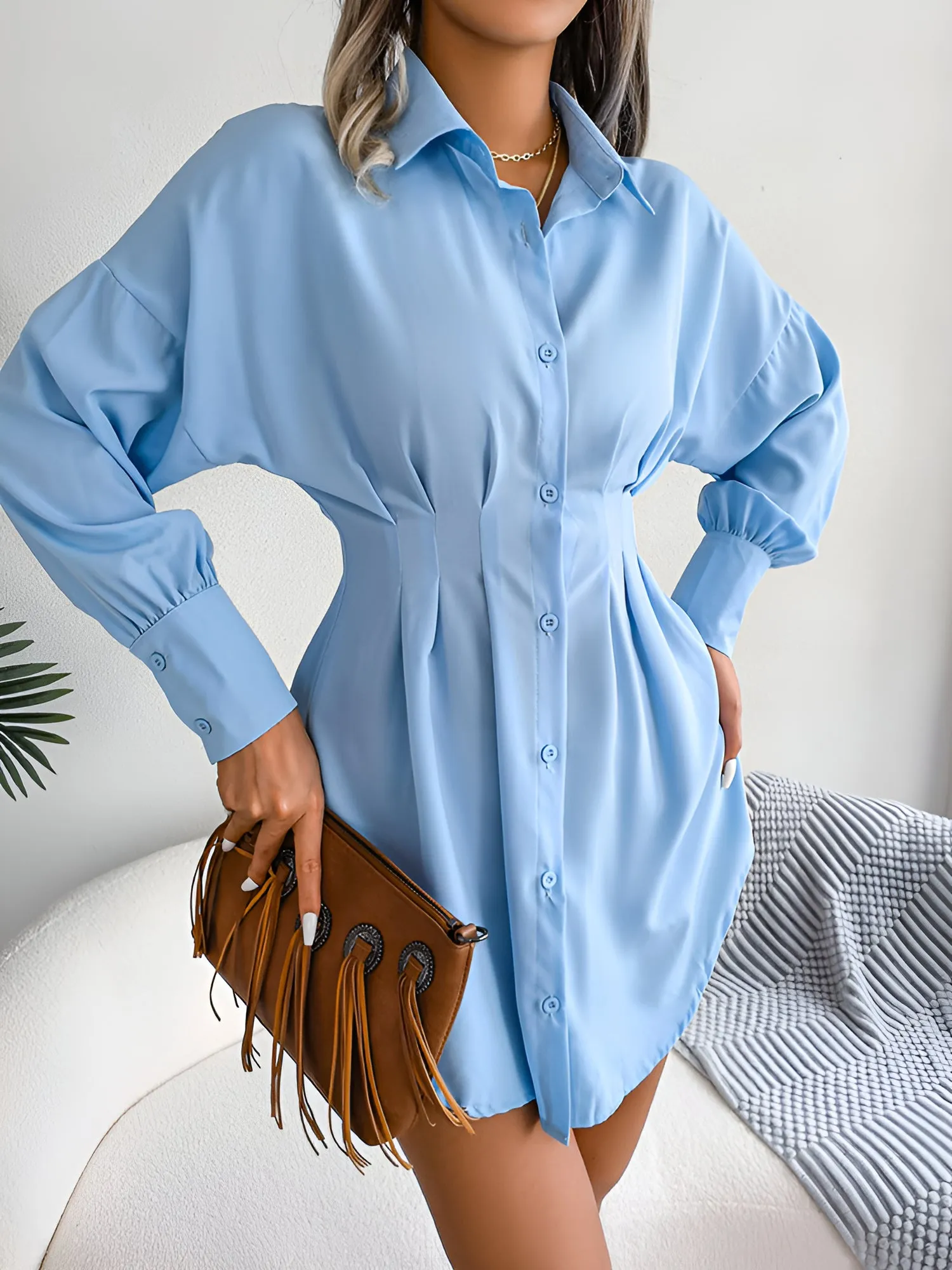 Button Down Bishop Sleeves Pleated Mini Shirt Dress sold by Allegra K product image thumbnail 5