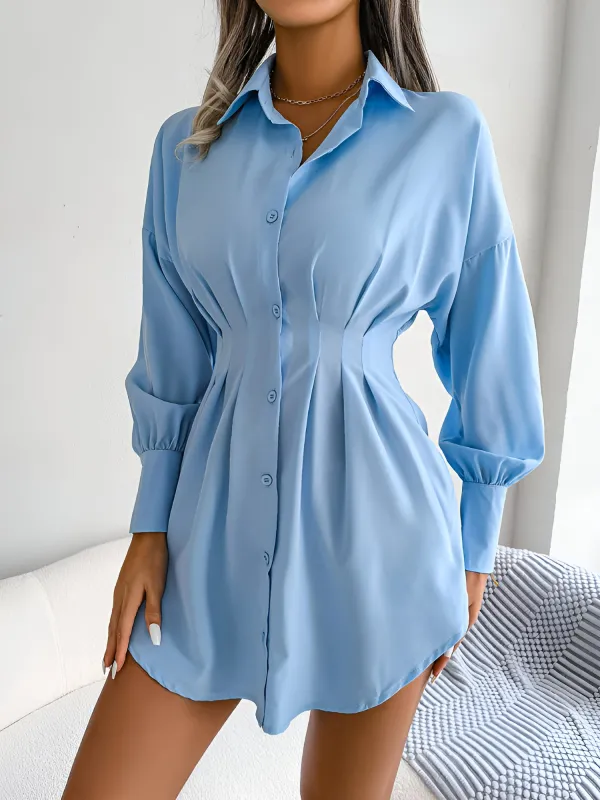 Button Down Bishop Sleeves Pleated Mini Shirt Dress sold by Allegra K