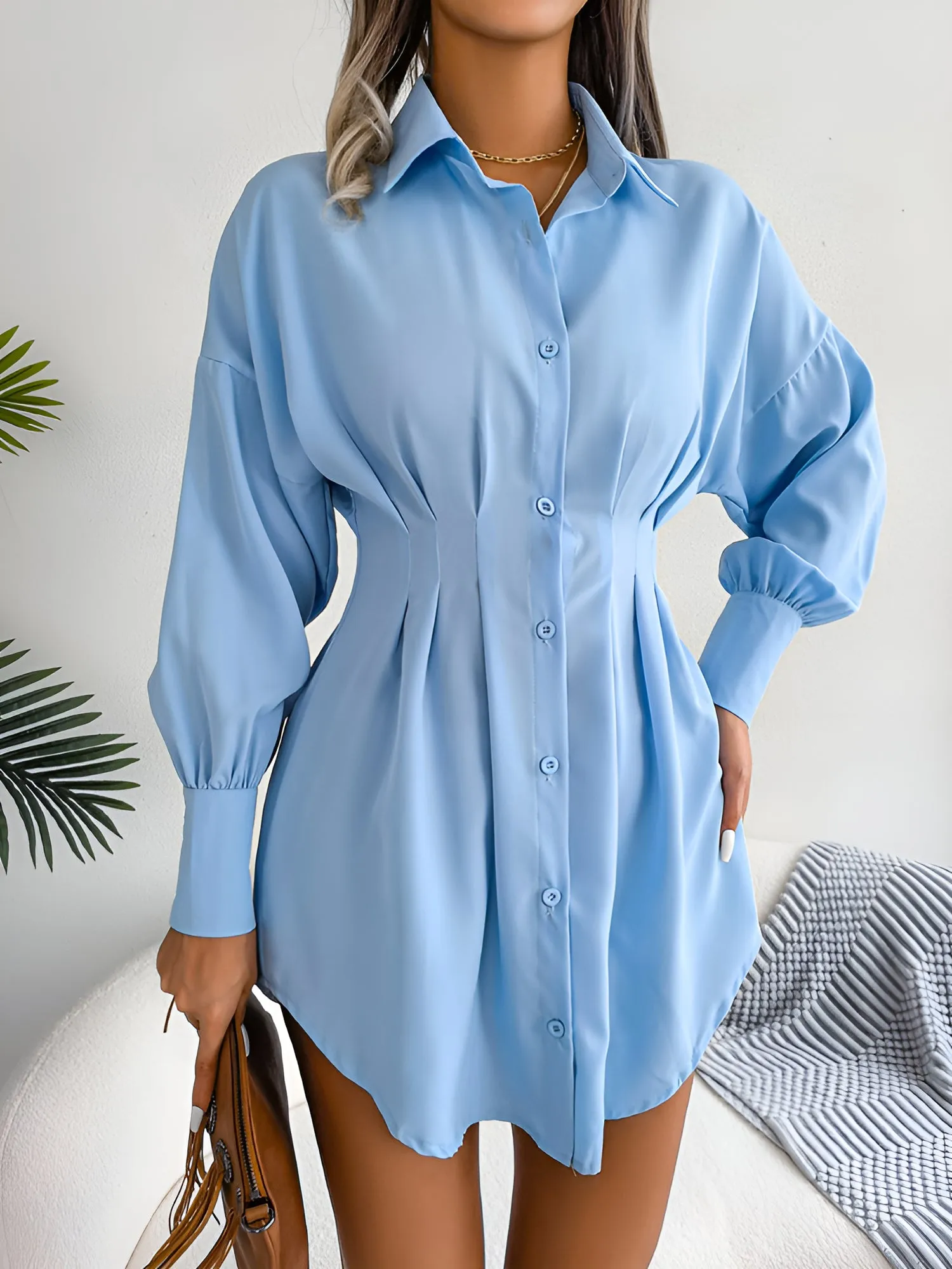 Button Down Bishop Sleeves Pleated Mini Shirt Dress sold by Allegra K product image thumbnail 4
