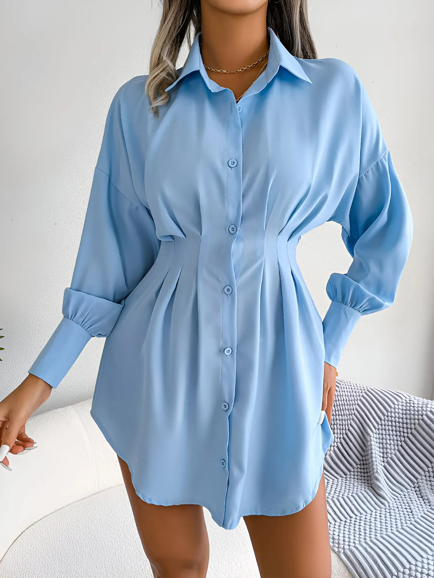 Button Down Bishop Sleeves Pleated Mini Shirt Dress sold by Allegra K product image thumbnail 3
