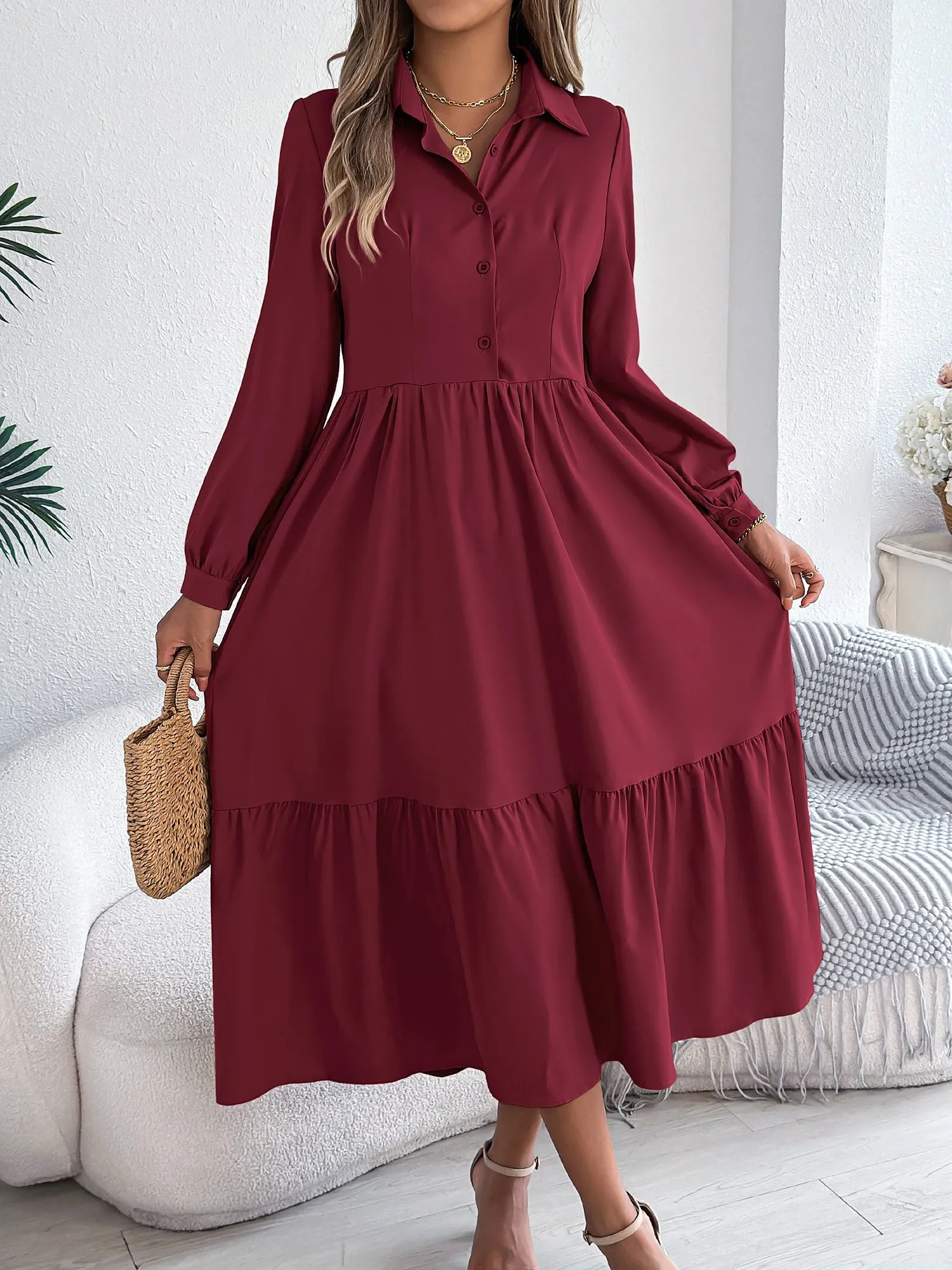 Lapel Button Down Long Sleeves Tiered Shirt Dress sold by Allegra K product image thumbnail 5