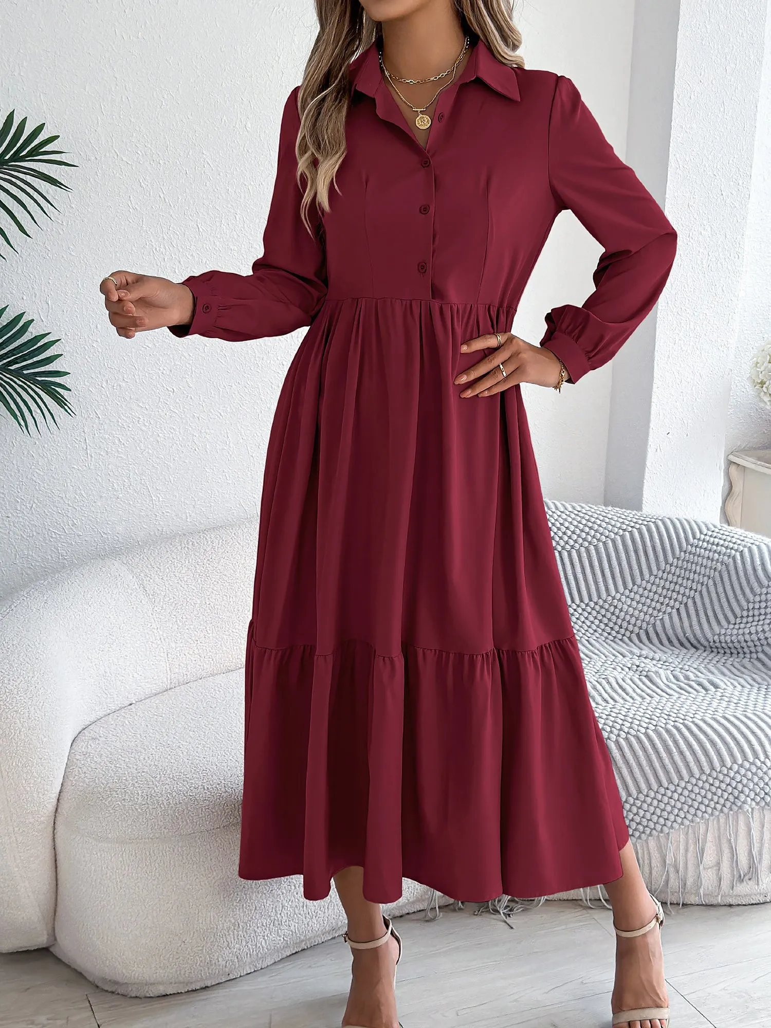 Lapel Button Down Long Sleeves Tiered Shirt Dress sold by Allegra K product image thumbnail 4