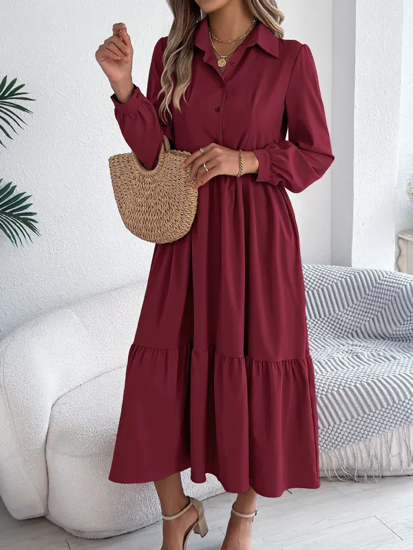 Lapel Button Down Long Sleeves Tiered Shirt Dress sold by Allegra K