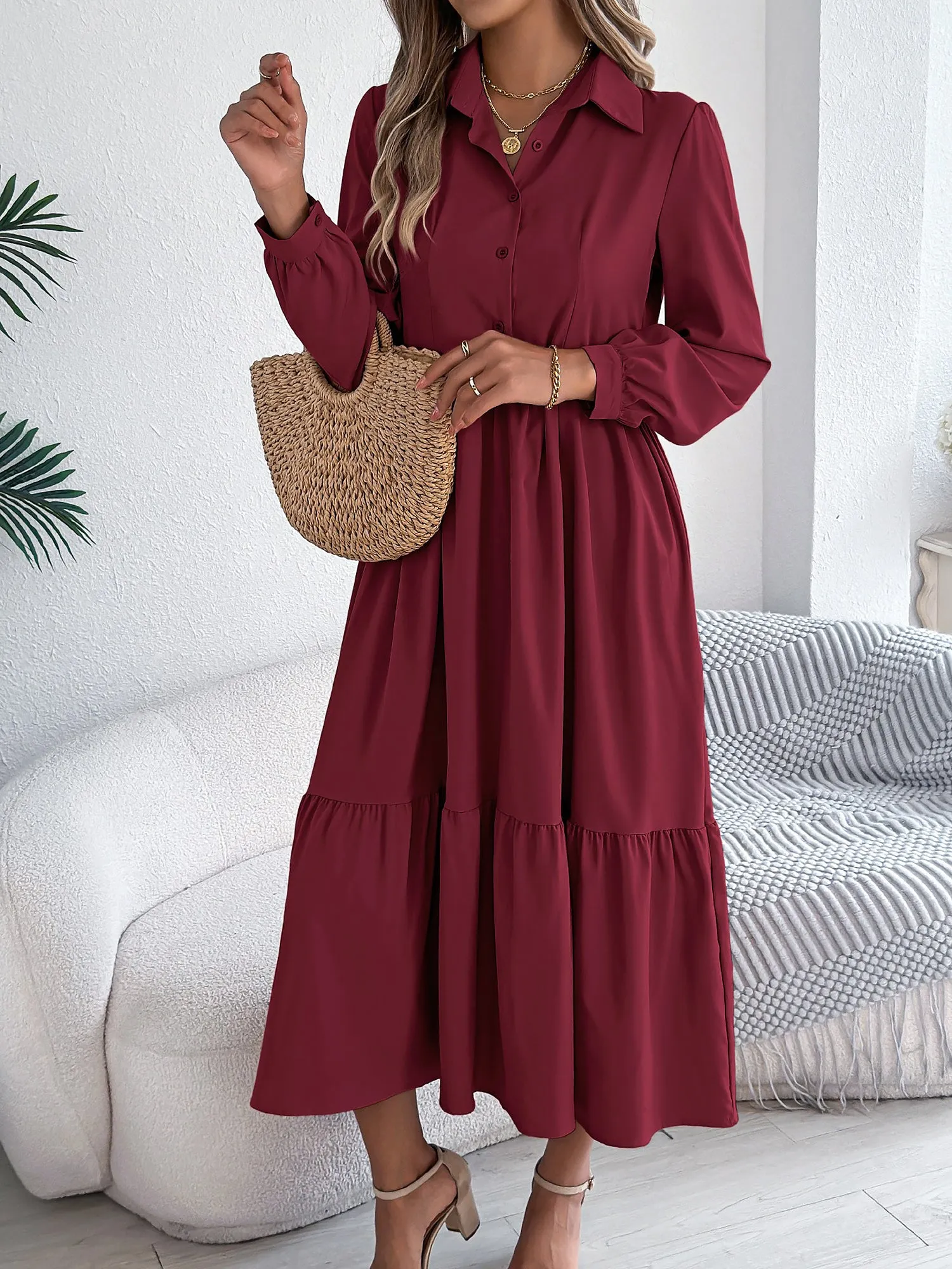 Lapel Button Down Long Sleeves Tiered Shirt Dress sold by Allegra K