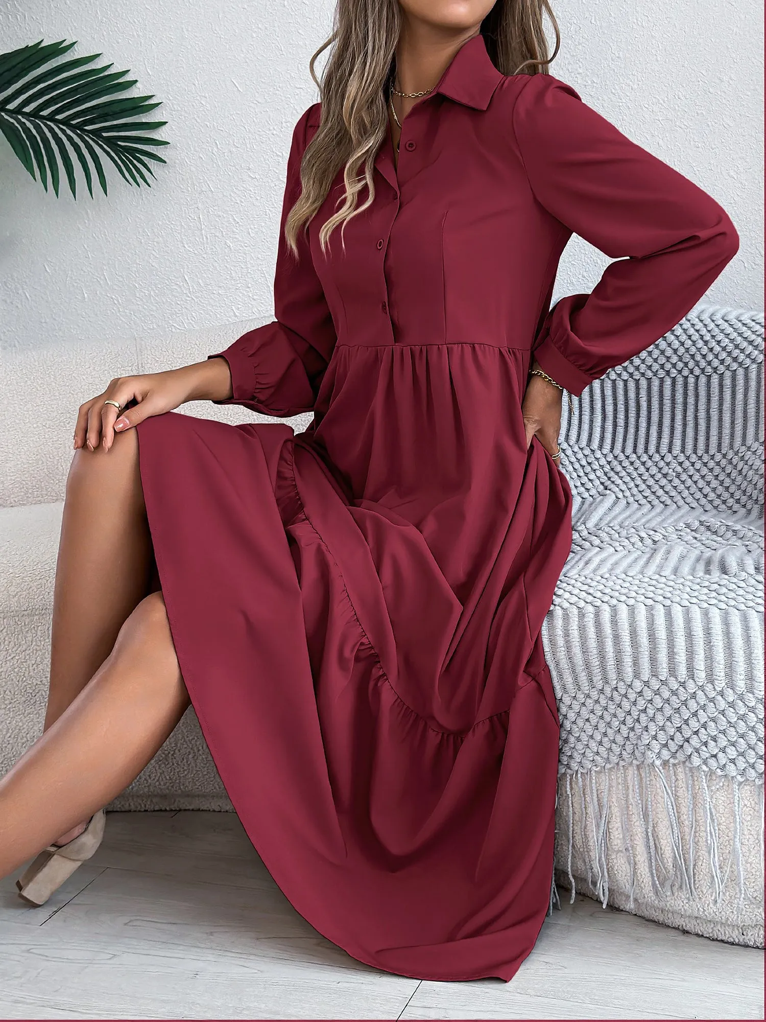 Lapel Button Down Long Sleeves Tiered Shirt Dress sold by Allegra K product image thumbnail 3