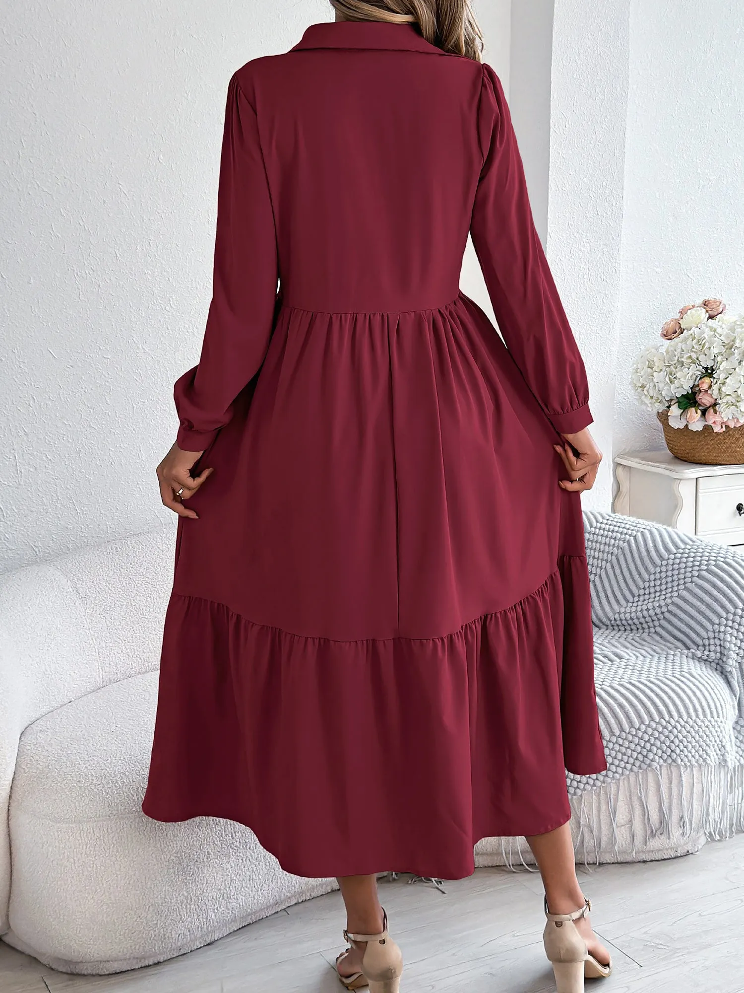 Lapel Button Down Long Sleeves Tiered Shirt Dress sold by Allegra K product image thumbnail 2