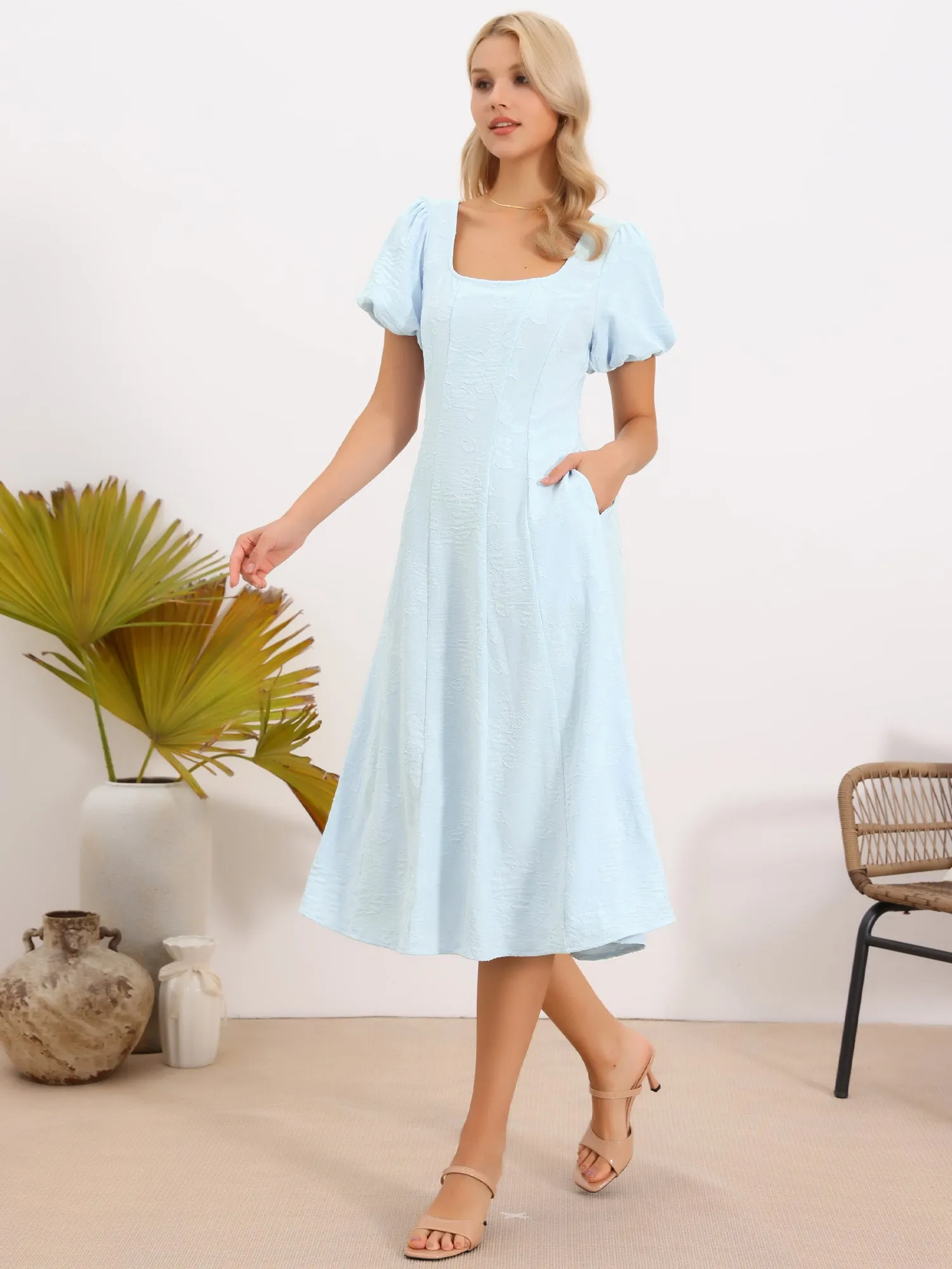 Square Neck Puff Sleeve Pockets A-Line Jacquard Dress sold by Allegra K