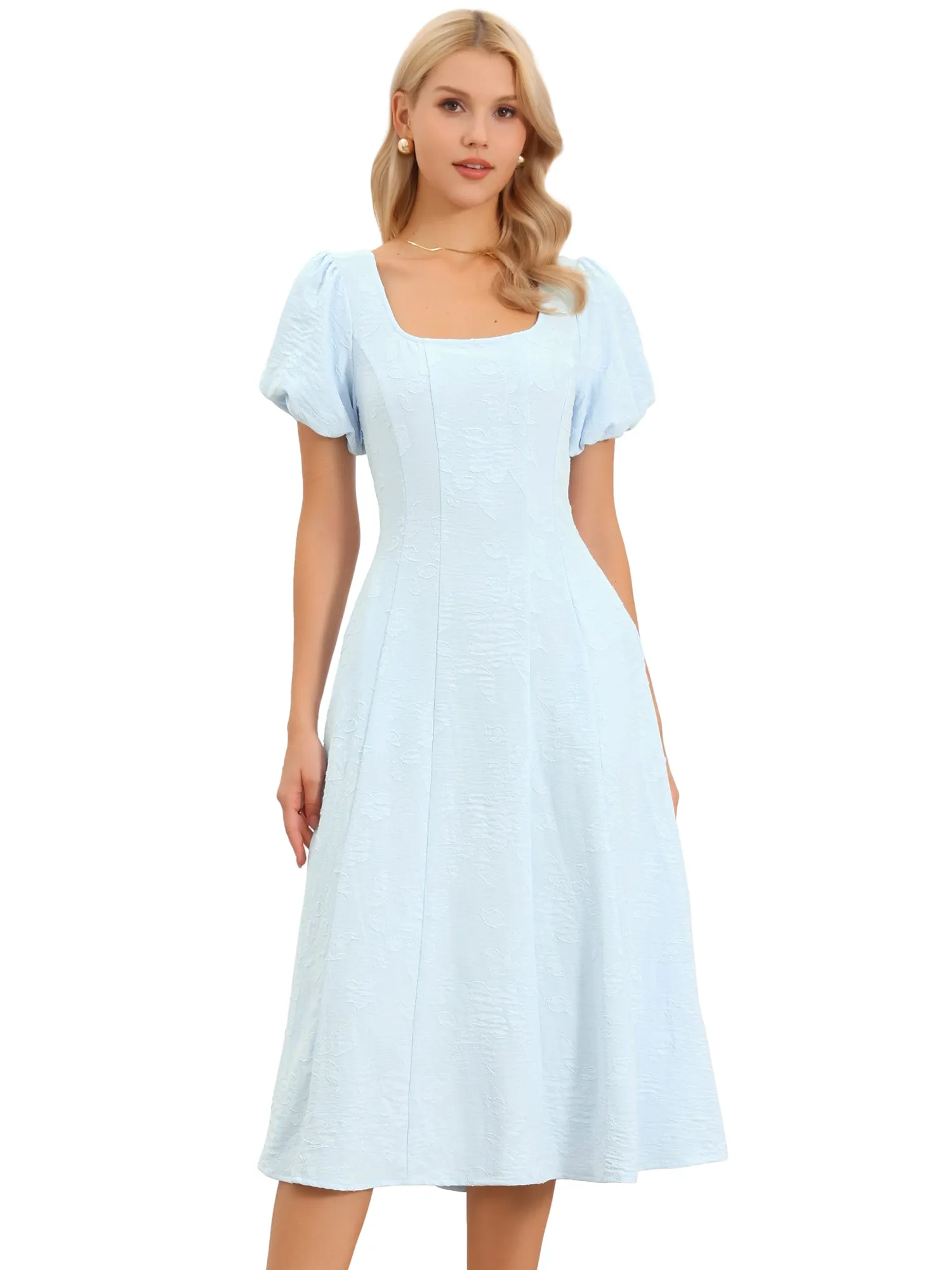 Square Neck Puff Sleeve Pockets A-Line Jacquard Dress sold by Allegra K product image thumbnail 4