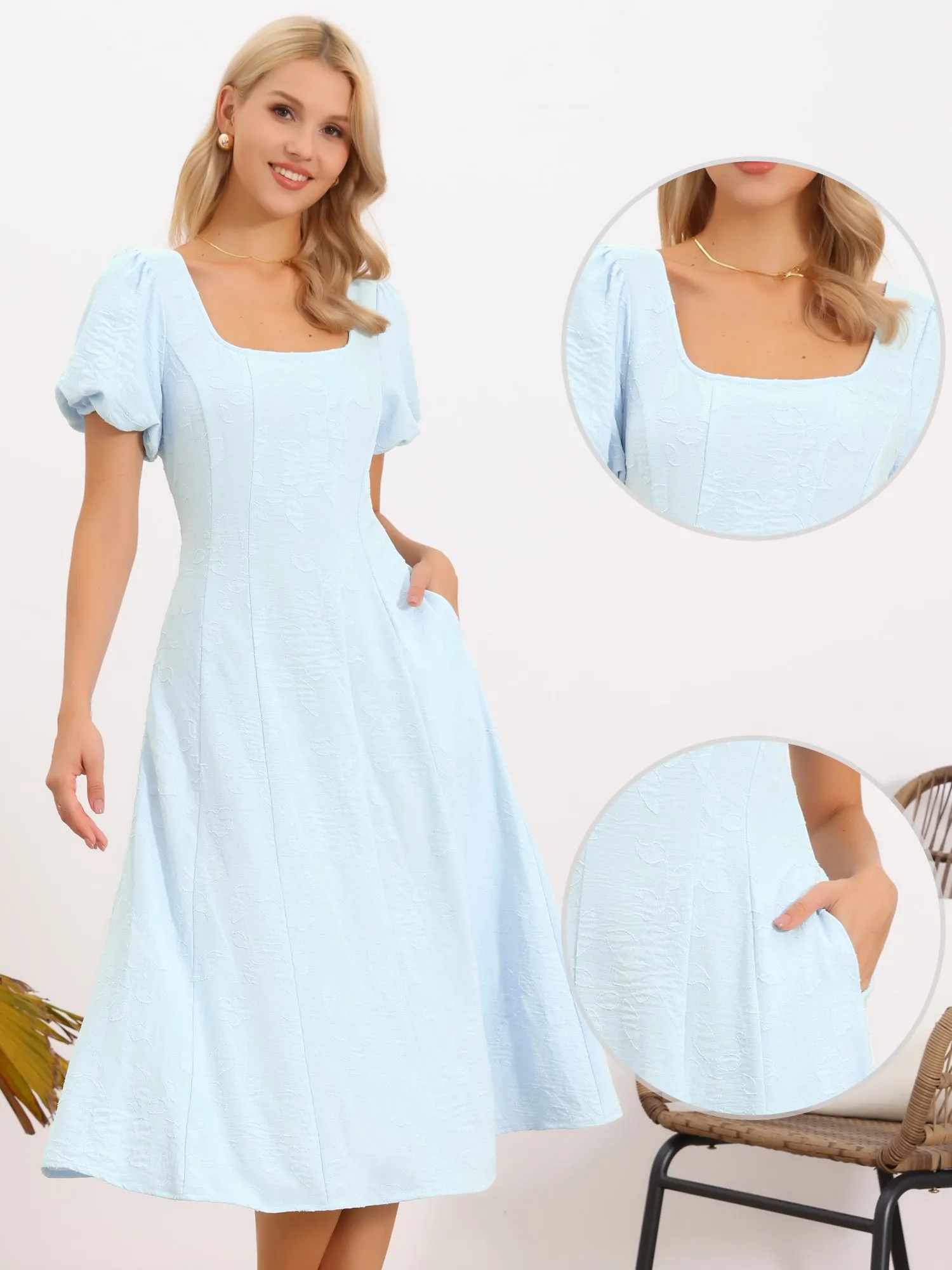 Square Neck Puff Sleeve Pockets A-Line Jacquard Dress sold by Allegra K product image thumbnail 3