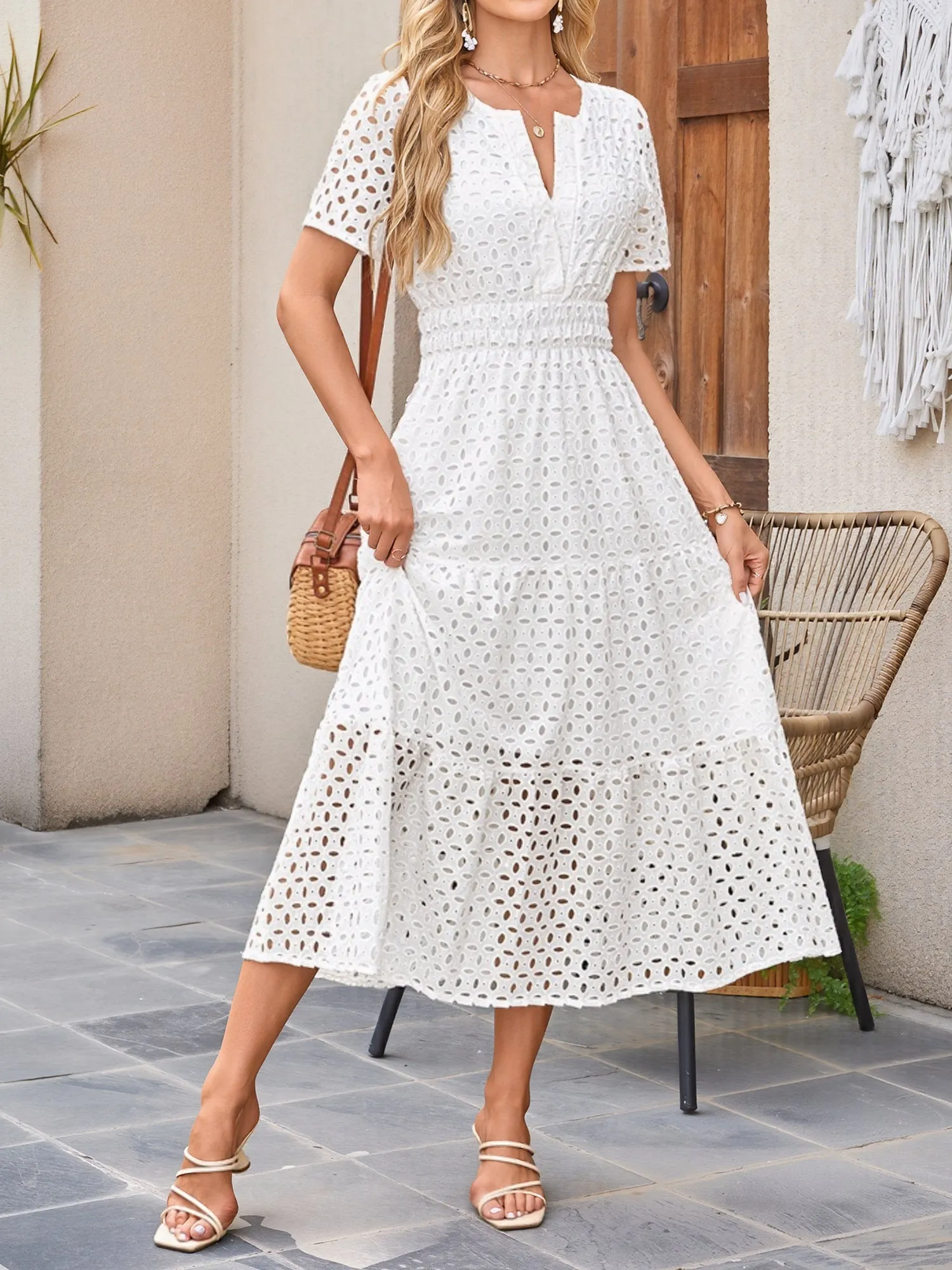 Notch Neck Short Sleeves Pockets Eyelet A-Line Tiered Dress sold by Allegra K product image thumbnail 3