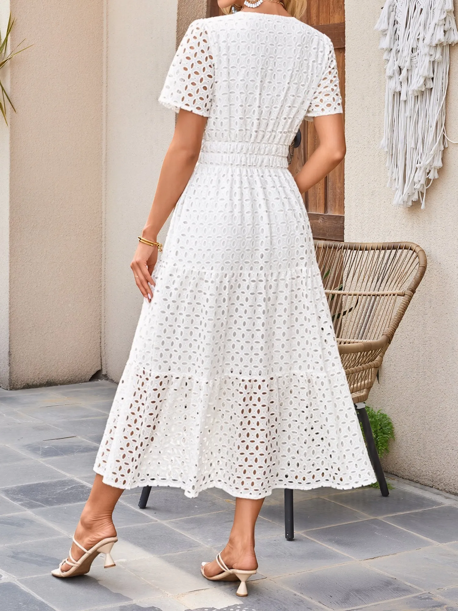 Notch Neck Short Sleeves Pockets Eyelet A-Line Tiered Dress sold by Allegra K product image thumbnail 2