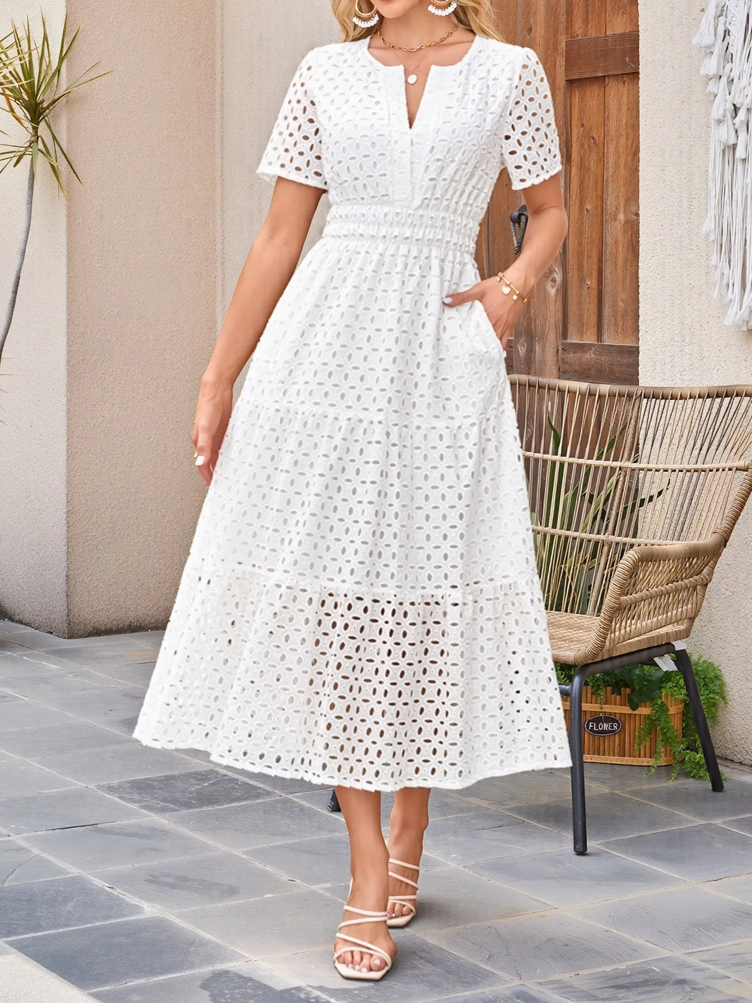 Notch Neck Short Sleeves Pockets Eyelet A-Line Tiered Dress sold by Allegra K product image thumbnail 4