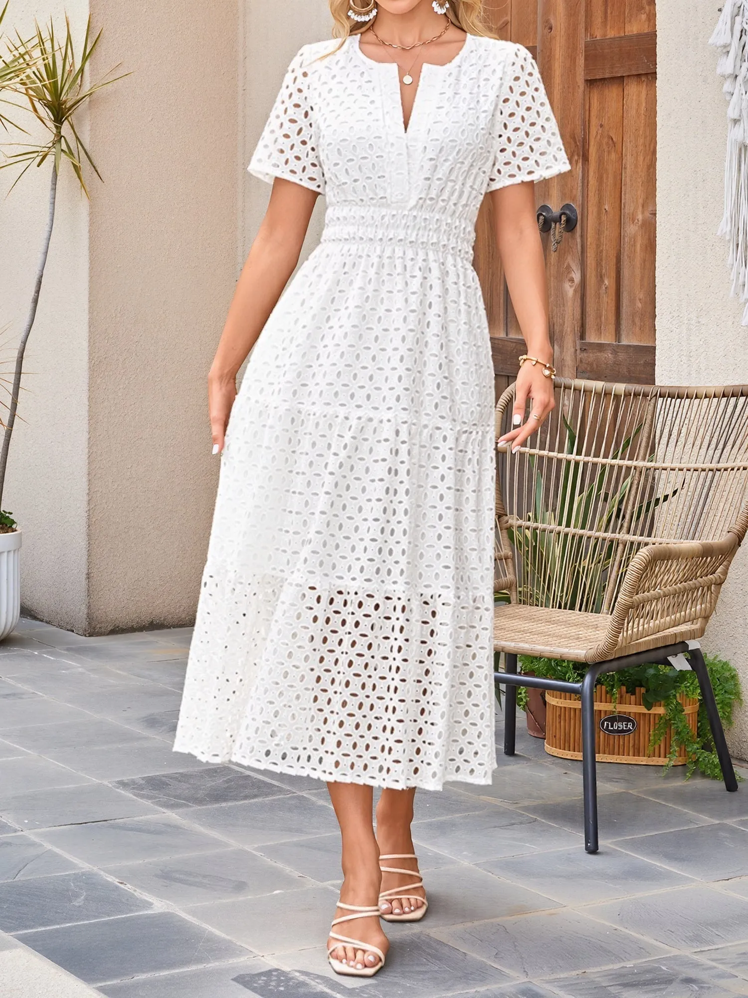 Notch Neck Short Sleeves Pockets Eyelet A-Line Tiered Dress sold by Allegra K product image thumbnail 5