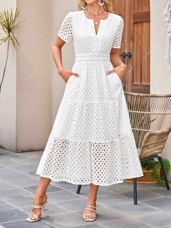 Notch Neck Short Sleeves Pockets Eyelet A-Line Tiered Dress sold by Allegra K
