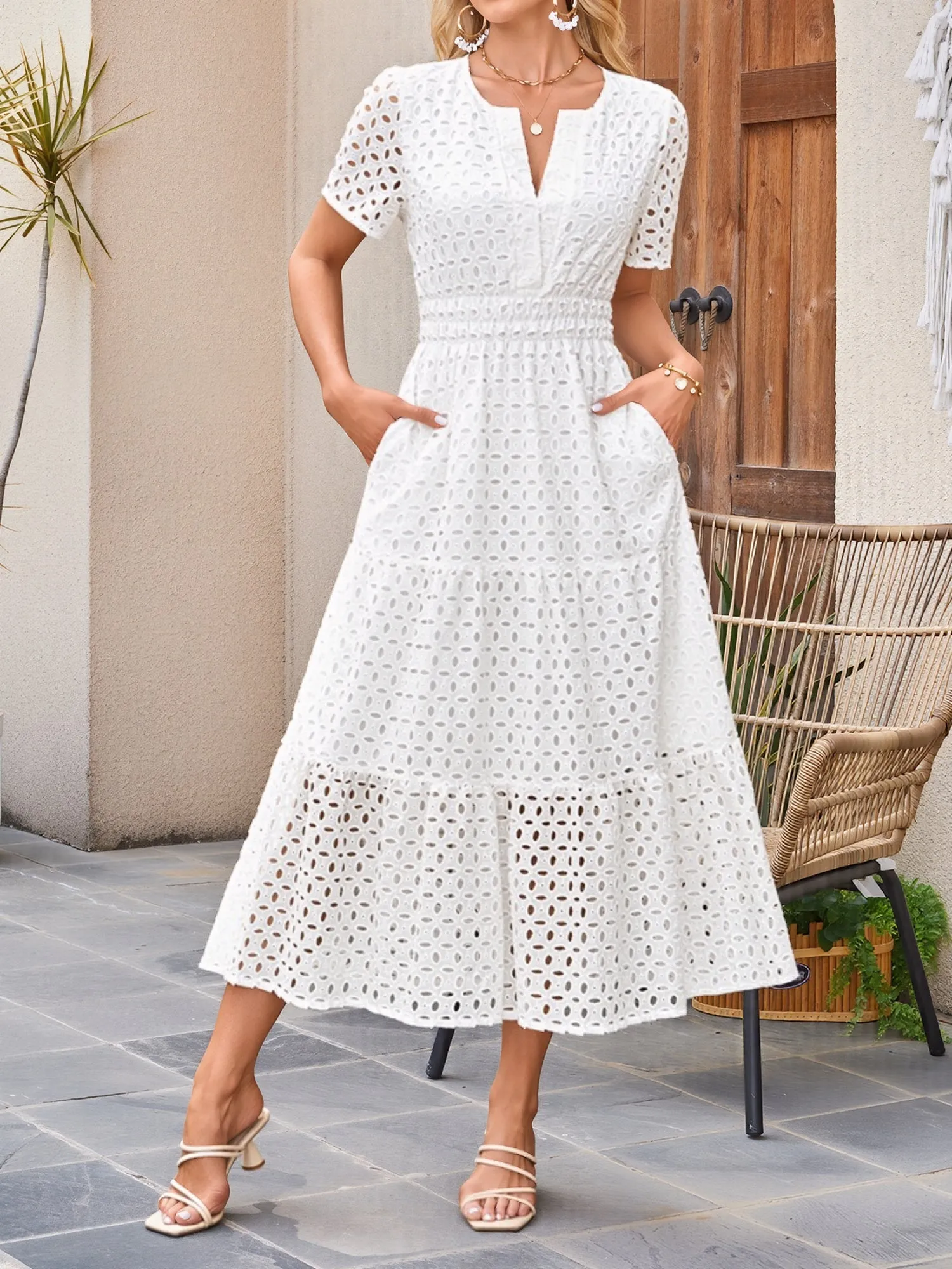 Notch Neck Short Sleeves Pockets Eyelet A-Line Tiered Dress sold by Allegra K