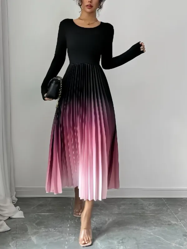 Gradient Pink Round Neck Long Sleeves Pleated A-Line Dress sold by Allegra K