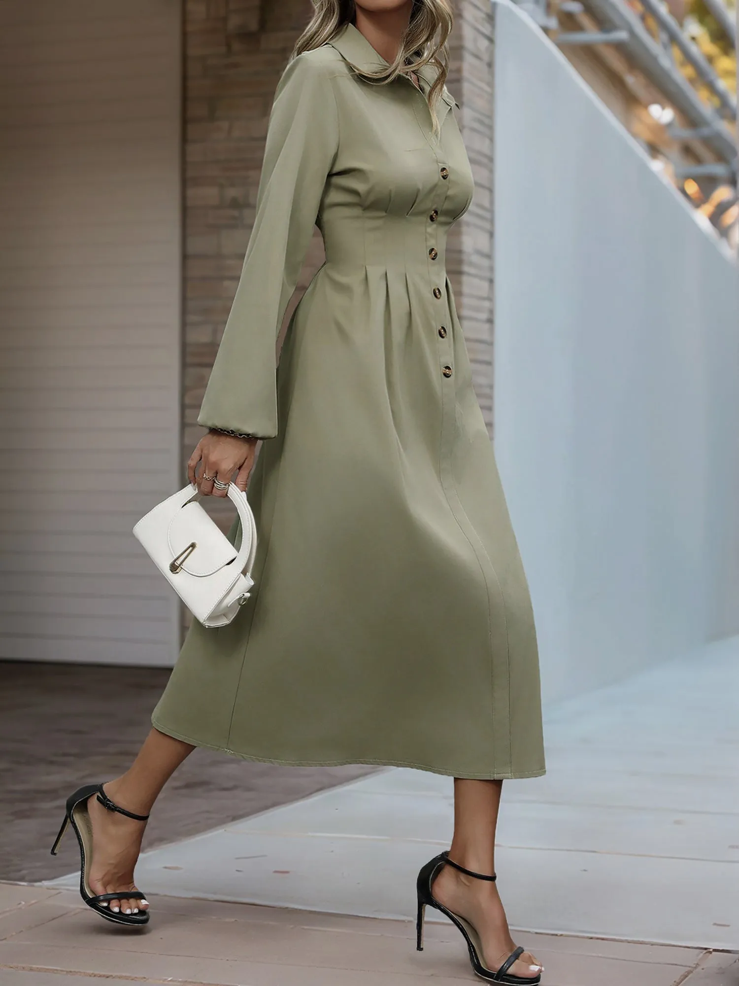 Solid Color Puff Sleeves Pleated Midi Shirt Dress sold by Allegra K product image thumbnail 3
