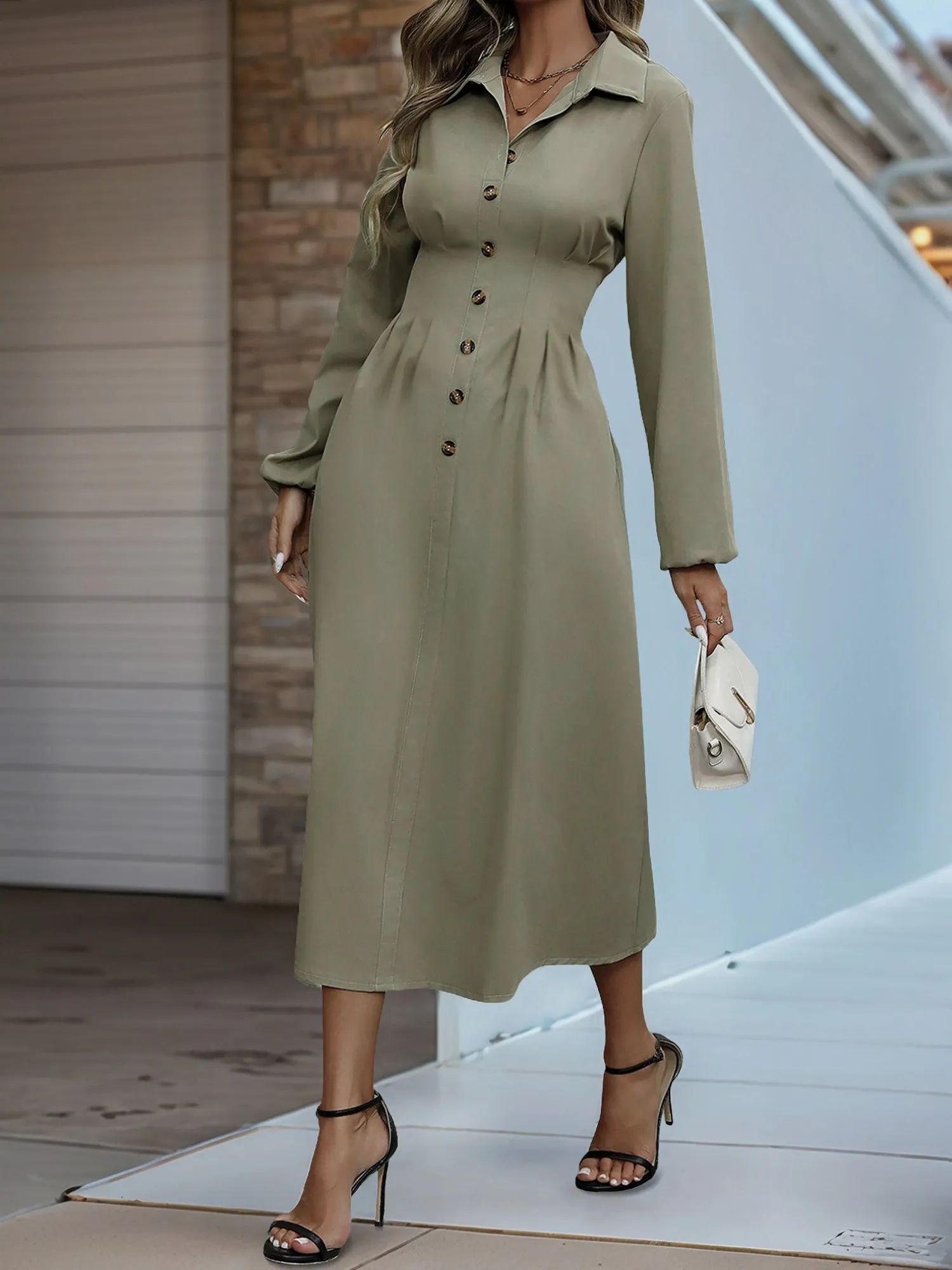 Solid Color Puff Sleeves Pleated Midi Shirt Dress sold by Allegra K product image thumbnail 4