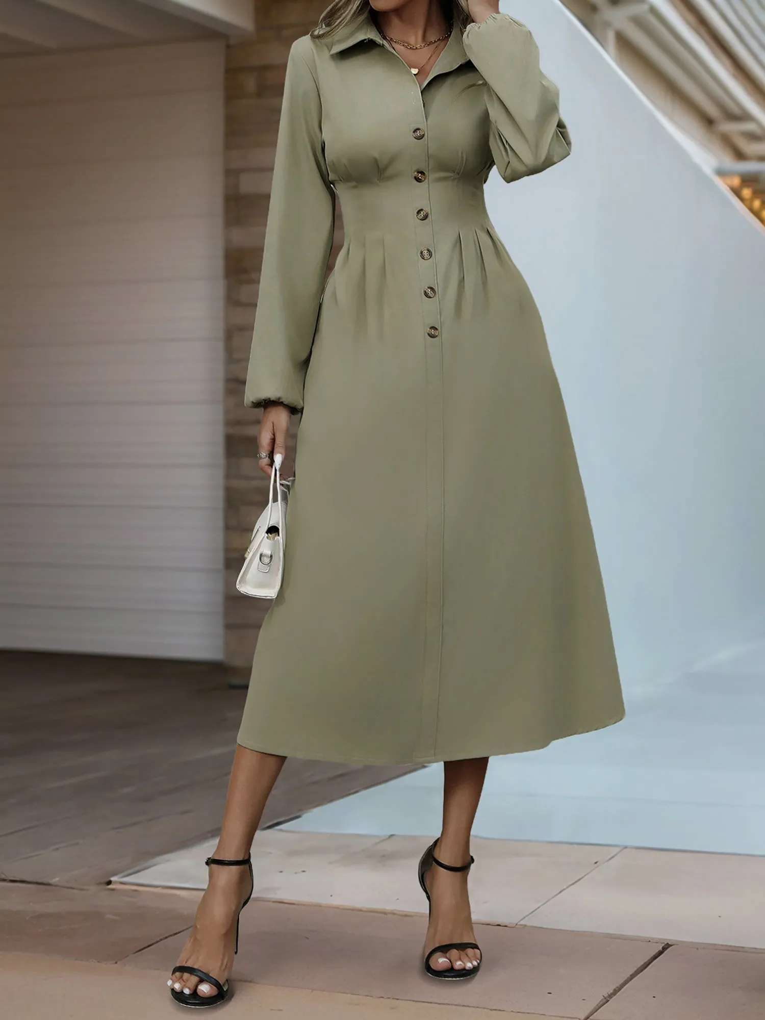 Solid Color Puff Sleeves Pleated Midi Shirt Dress sold by Allegra K