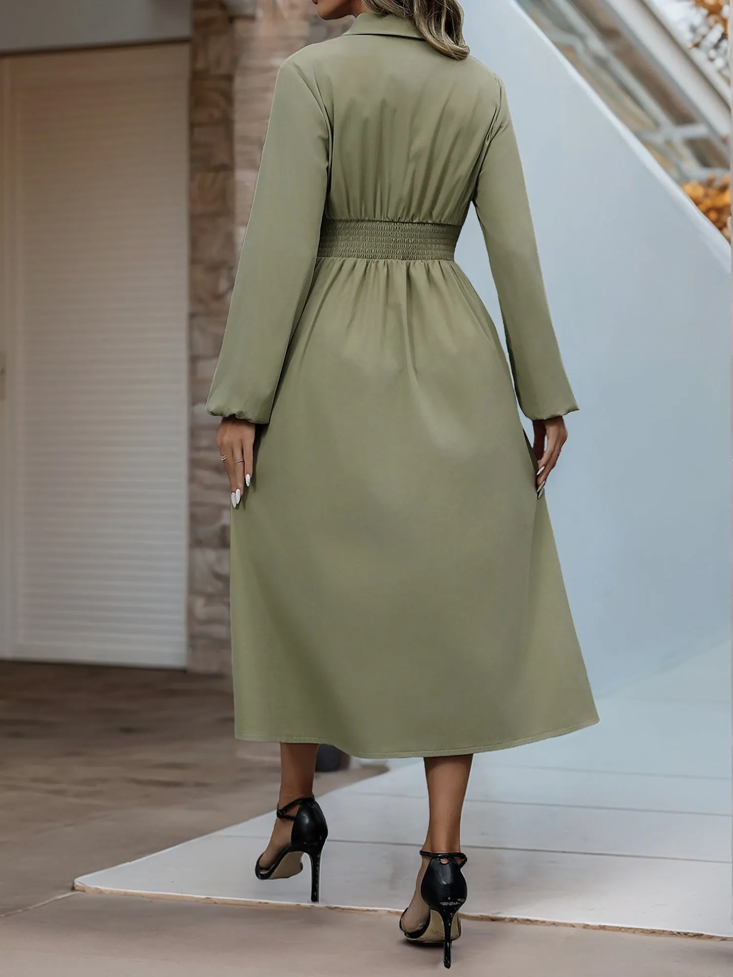 Solid Color Puff Sleeves Pleated Midi Shirt Dress sold by Allegra K product image thumbnail 2