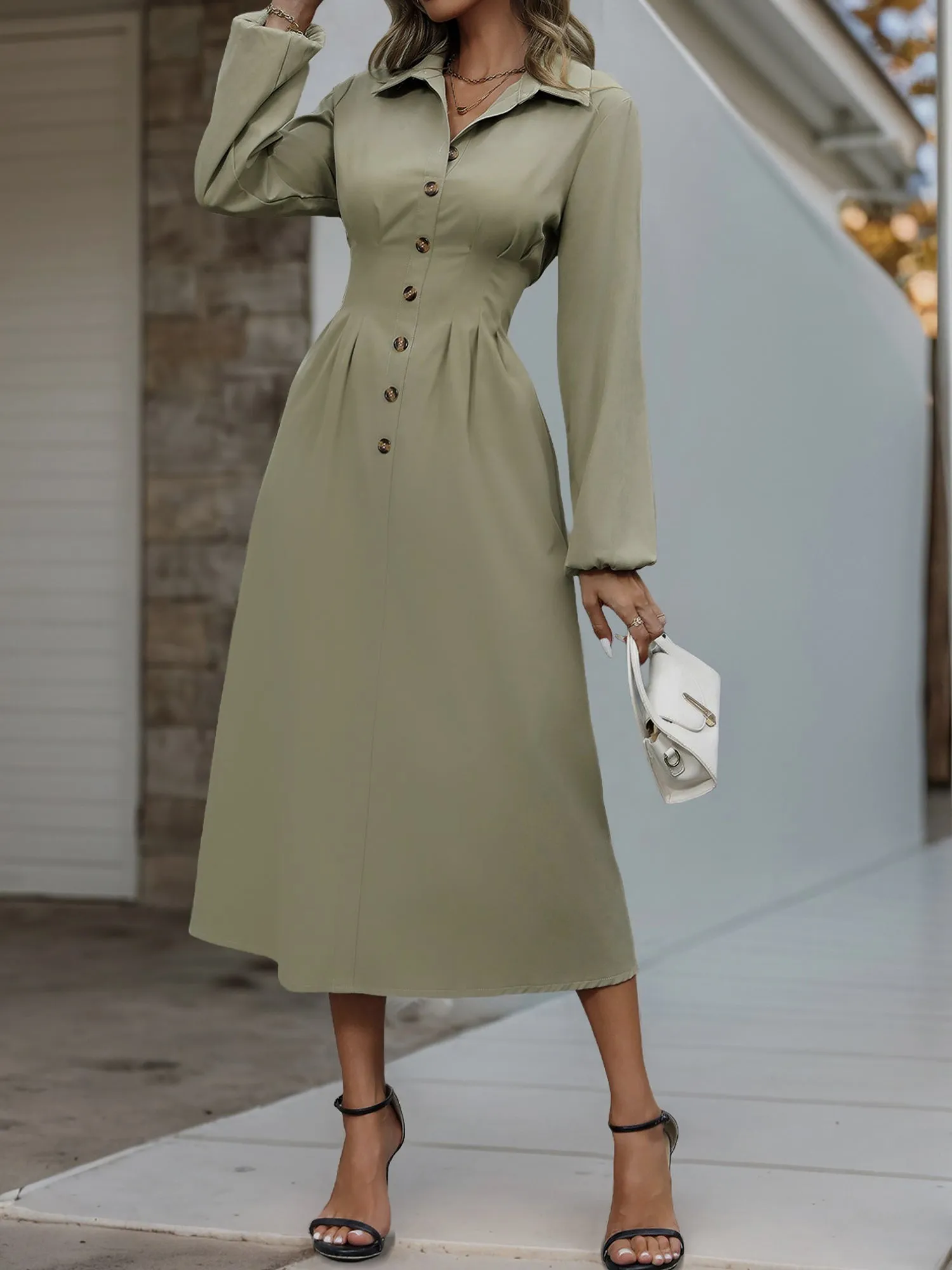 Solid Color Puff Sleeves Pleated Midi Shirt Dress sold by Allegra K product image thumbnail 5